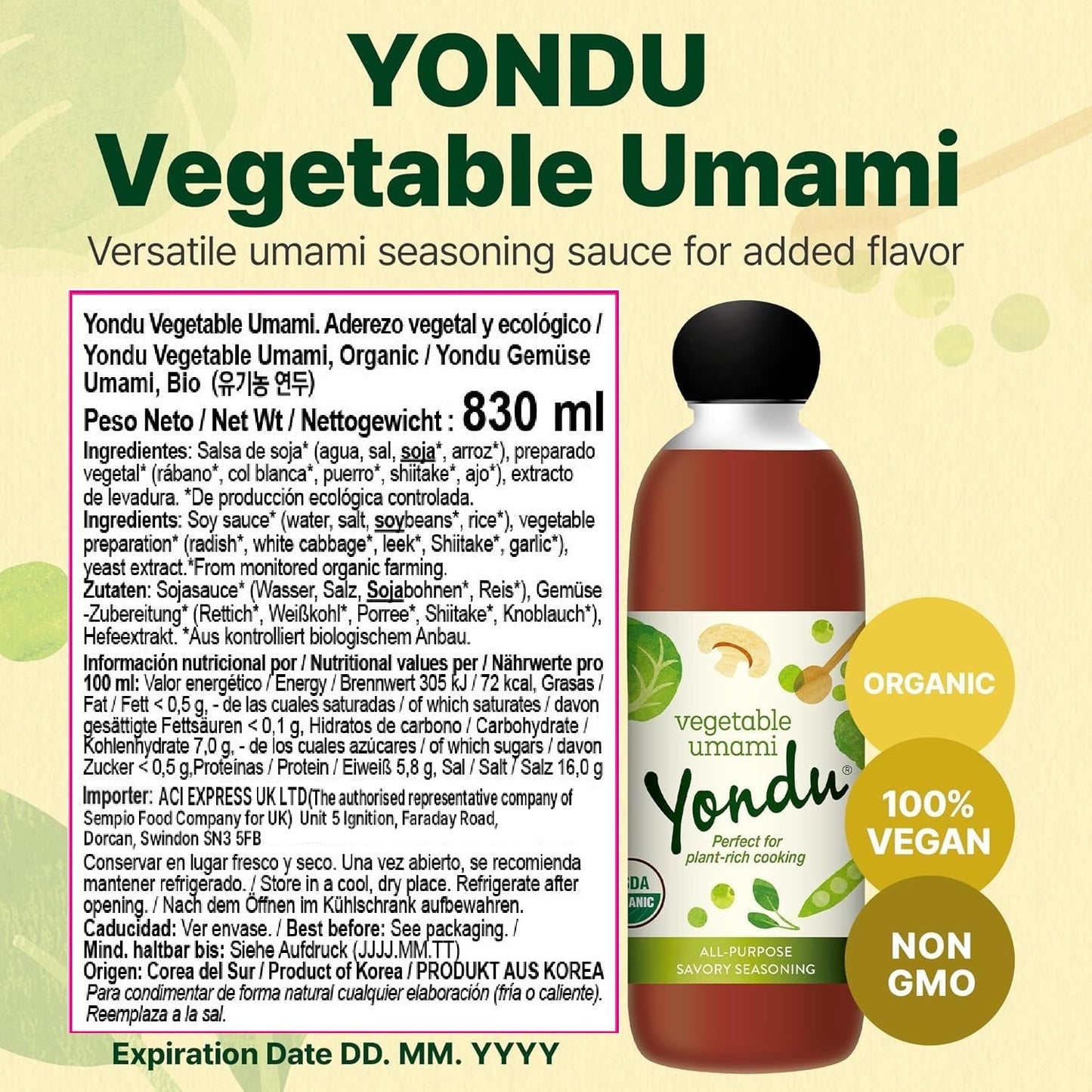 Yondu Vegetable Umami Seasoning Sauce - Plant-Based All-Purpose Flavor Boost, 28 Fl Oz