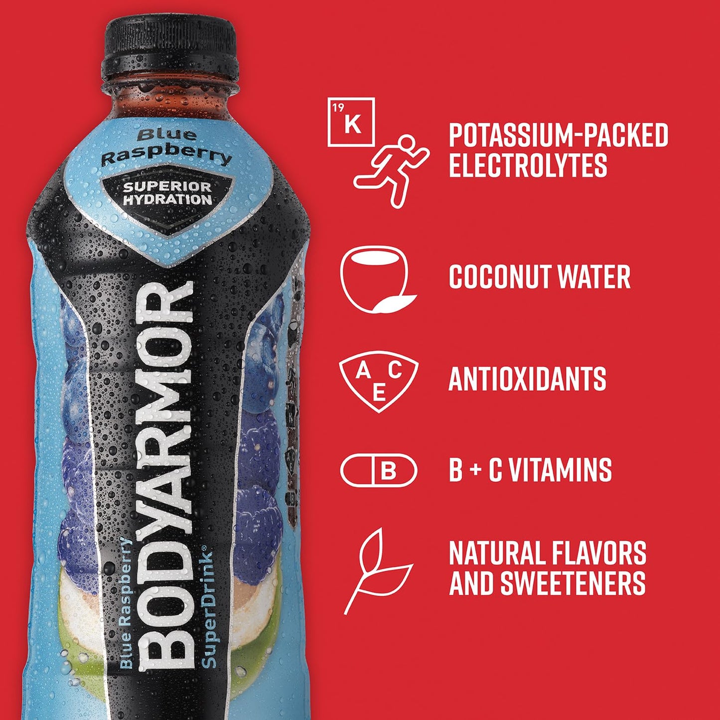 BODYARMOR Sports Drink Sports Beverage, Blue Raspberry, Coconut Water Hydration, Natural Flavors With Vitamins, Potassium-Packed