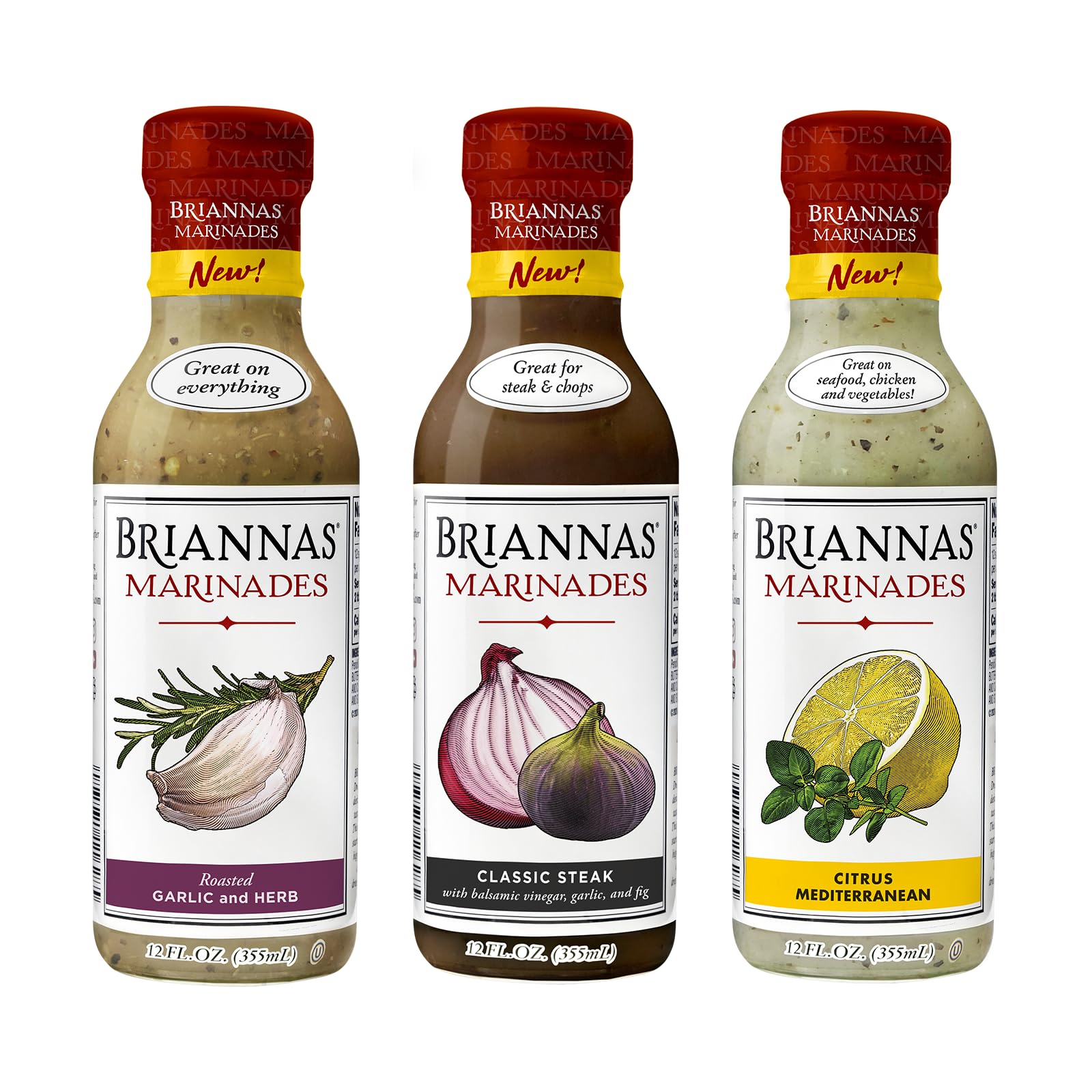 BRIANNAS Marinade Variety Pack - Roasted Garlic Herb, Classic Steak, Citrus Mediterranean - 12 oz Bottles - 3 Pack, Gluten Free