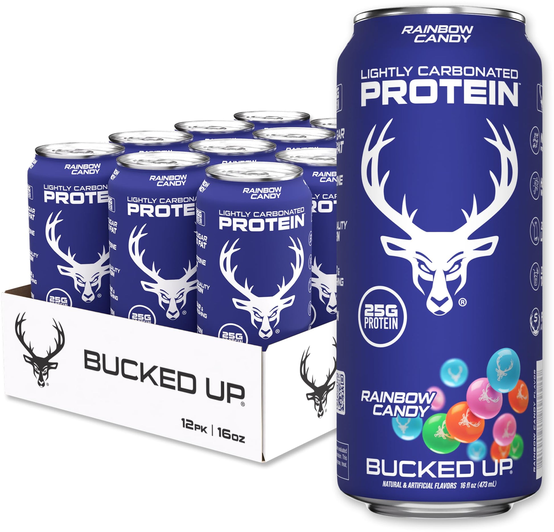 Bucked Up Lightly Carbonated Protein Soda | 25G Whey Isolate - Zero Sugar  Low Calorie  Energy Blend Free  Clean Drink | Sparkling Protein Soda - 12 Pack  16 Oz Cans (Rainbow Candy)