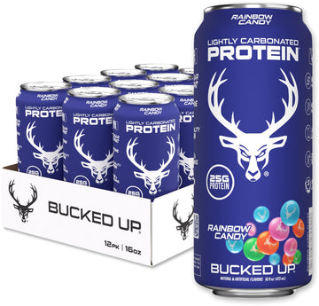 Bucked Up Lightly Carbonated Protein Soda | 25G Whey Isolate - Zero Sugar  Low Calorie  Energy Blend Free  Clean Drink | Sparkling Protein Soda - 12 Pack  16 Oz Cans (Rainbow Candy)