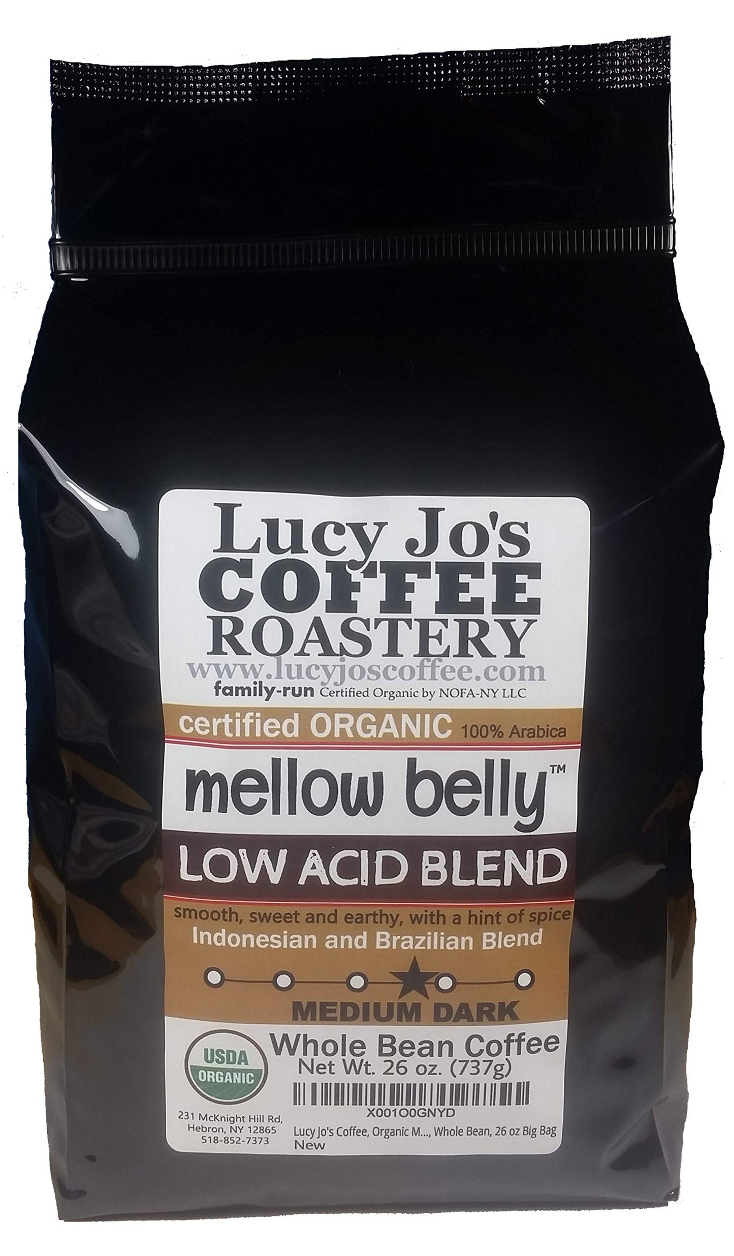 Lucy Jo'S Coffee, Organic Mellow Belly Low Acid Blend, Medium Dark Roast, Whole Bean, 11 Oz (26 Oz)