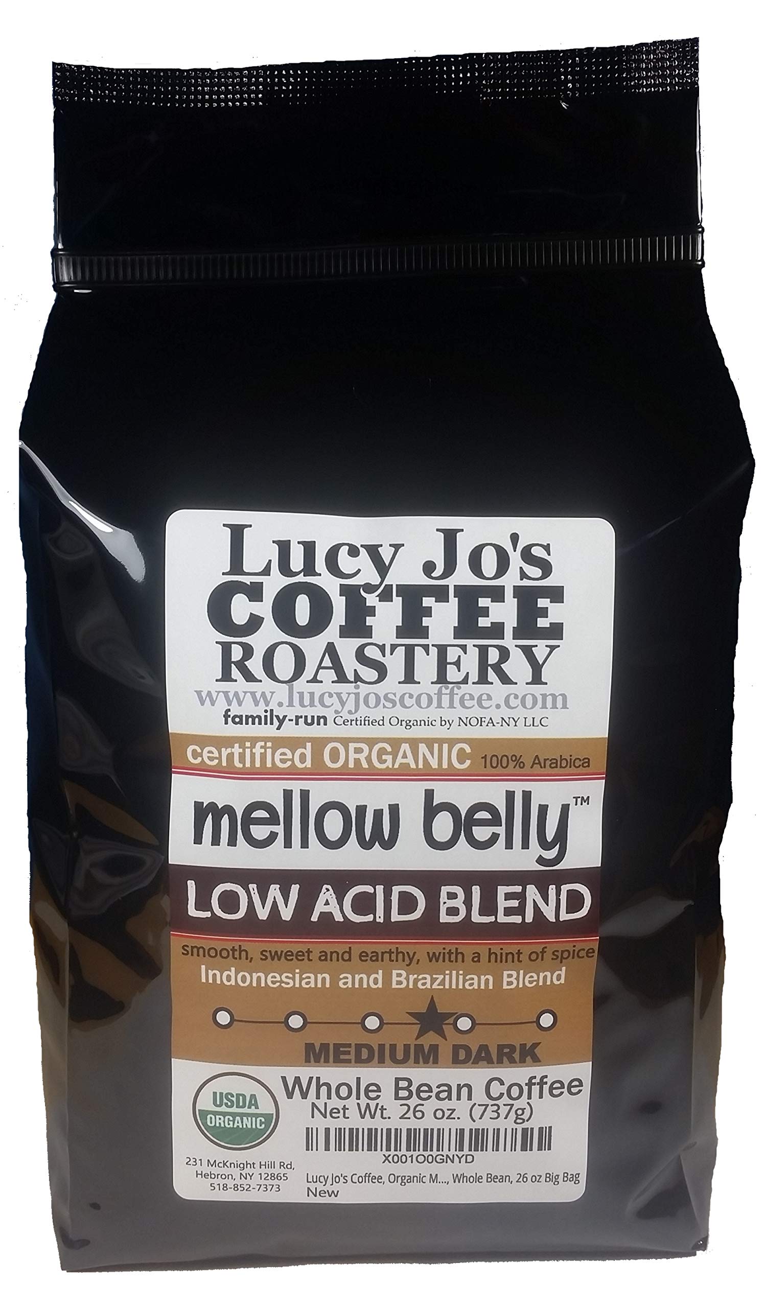 Lucy Jo'S Coffee, Organic Mellow Belly Low Acid Blend, Medium Dark Roast, Whole Bean, 11 Oz (26 Oz)