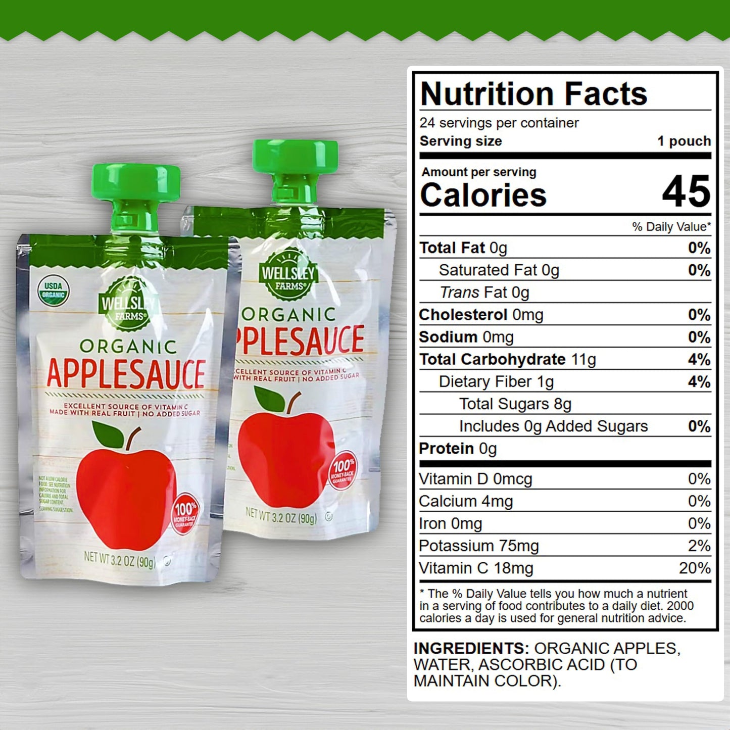 Wellsley Farms Organic Applesauce Pouches, 24-Pack, 3.2 oz Each, Gluten-Free, No Sugar Added, Kosher, Healthy Snack