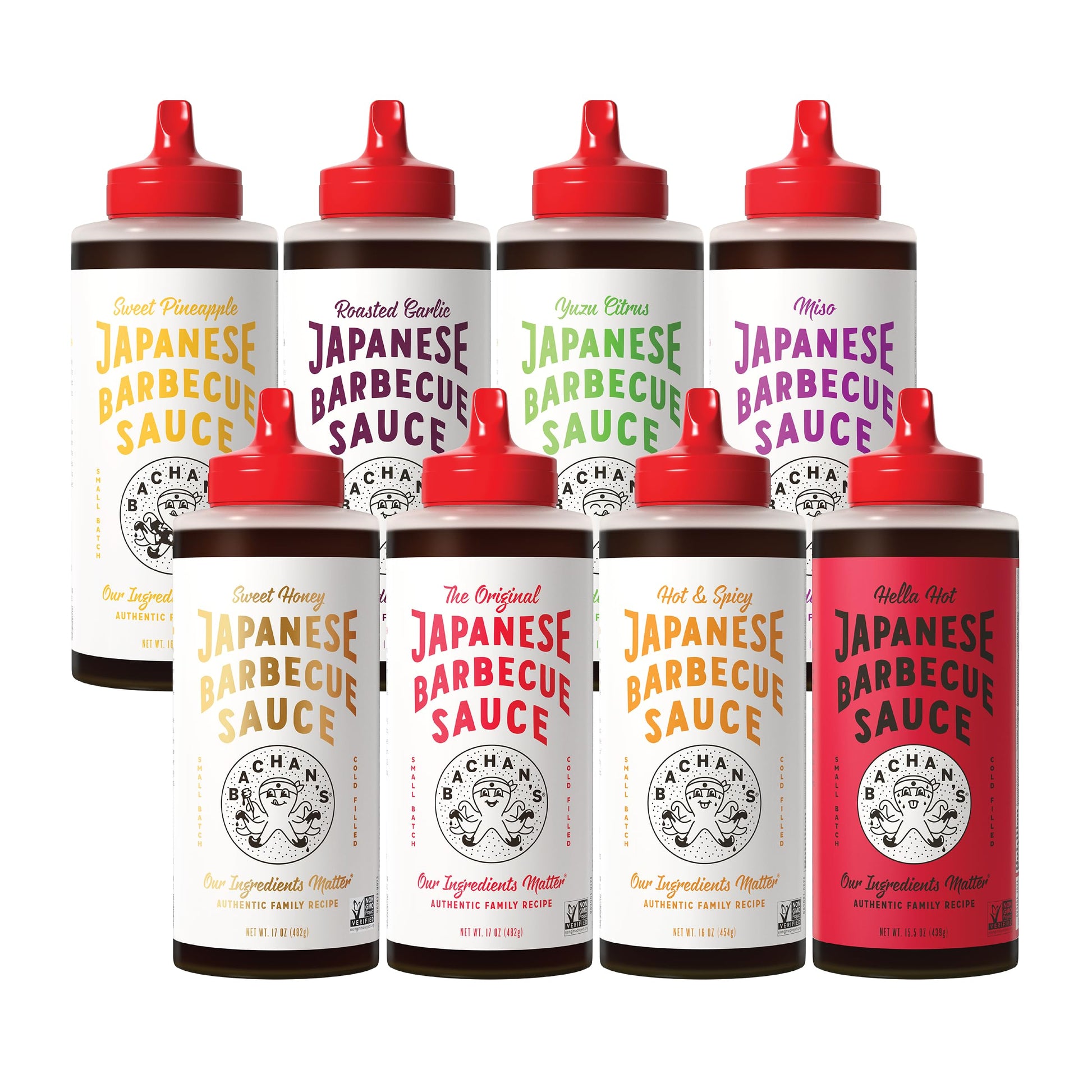 Bachan's Japanese Barbecue Sauce 8 Pack - 1 OG, 1 Honey, 1 Spicy, 1 Miso, 1 Yuzu, 1 Pineapple, 1 Garlic, 1 Hot - BBQ Sauce for W