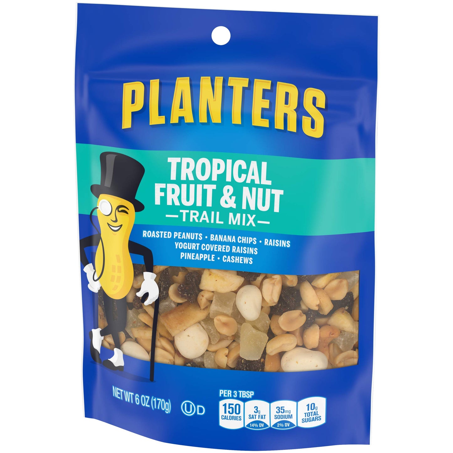 Planters Tropical Fruit & Nut Trail Mix With Roasted Peanuts (Banana Chips, Raisins, Yogurt Raisins, Pineapple & Cashews, 6 Oz Pack Of 12)