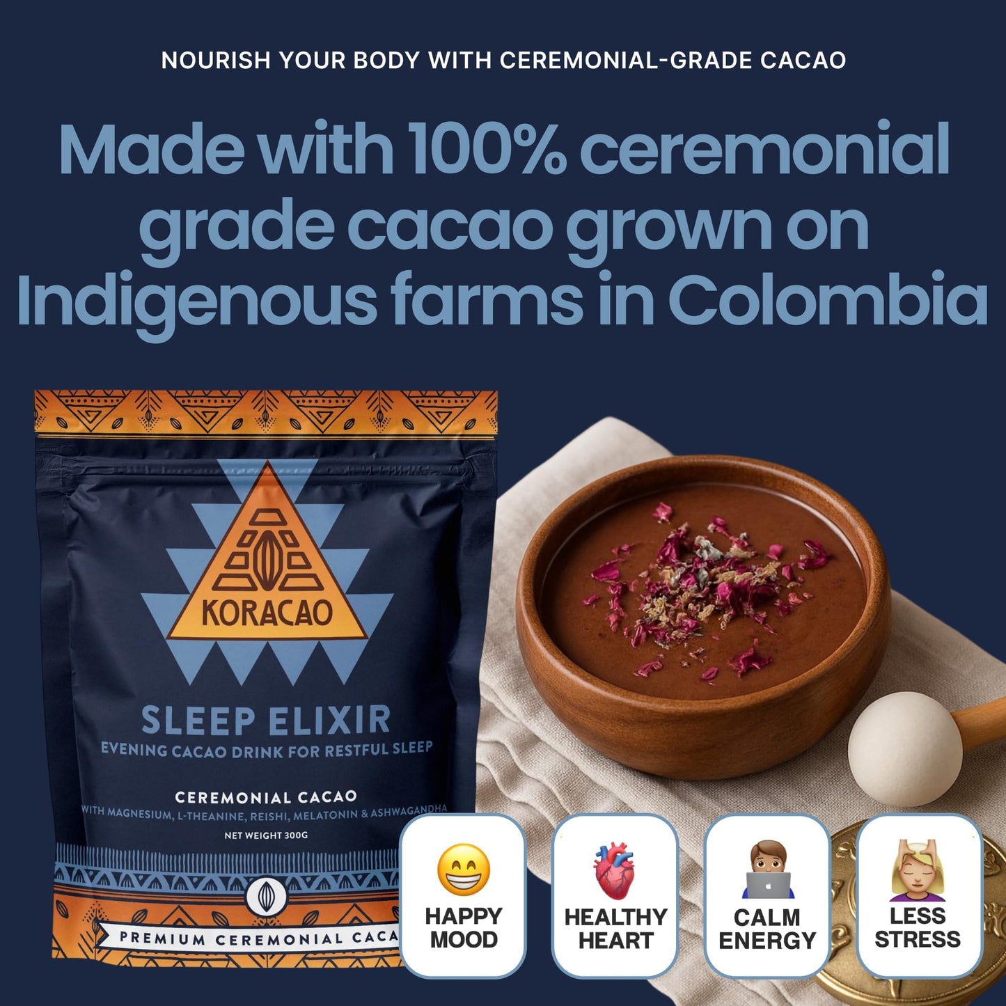 KORACAO Sleep Elixir Cacao Blend - Ceremonial-Grade Cocoa Drink with Magnesium  L-Theanine  Reishi  Melatonin & Ashwagandha - 300g (30 Servings) for Relaxation & Restful Sleep