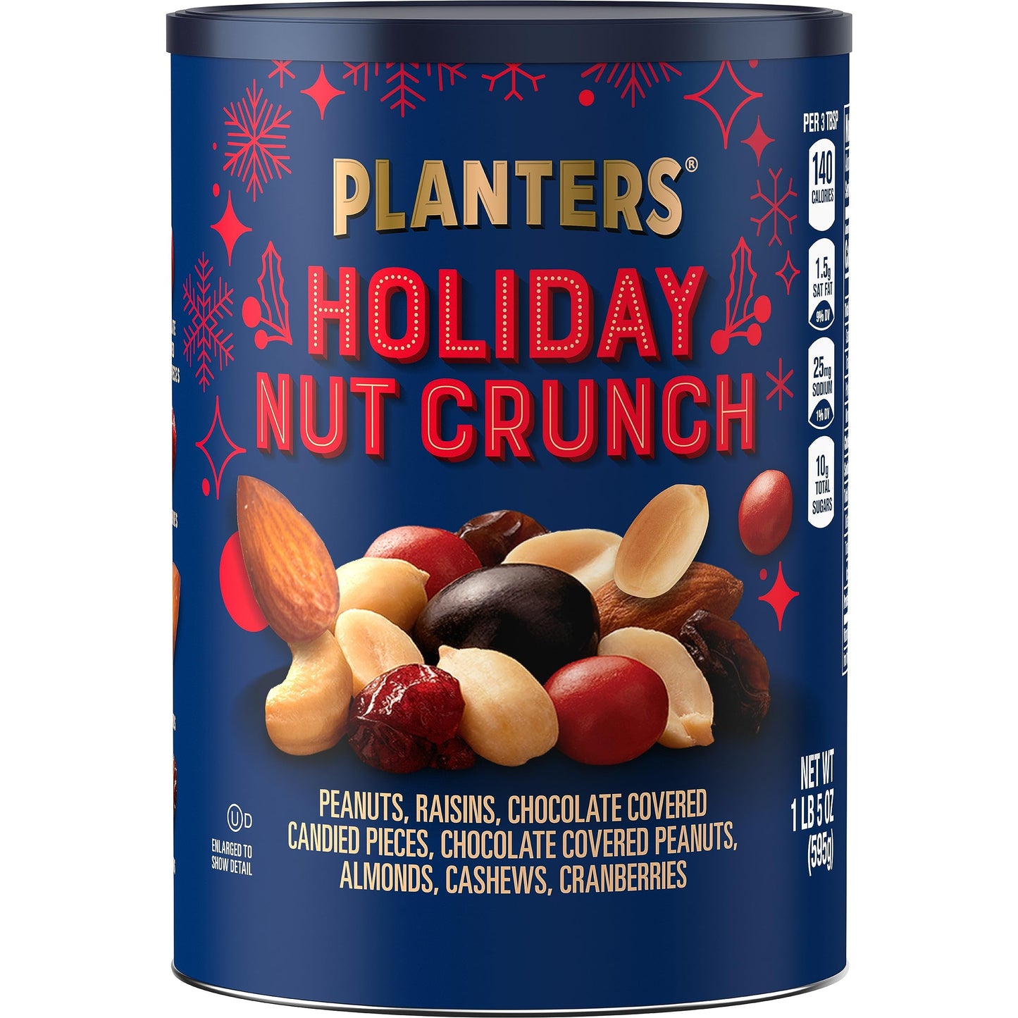 PLANTERS Holiday Nut Crunch Mix with Peanuts  Raisins  Chocolate Covered Peanuts  Almonds  Cashews  Cranberries  Holiday Snack  Party Nut Mix  21oz Canister