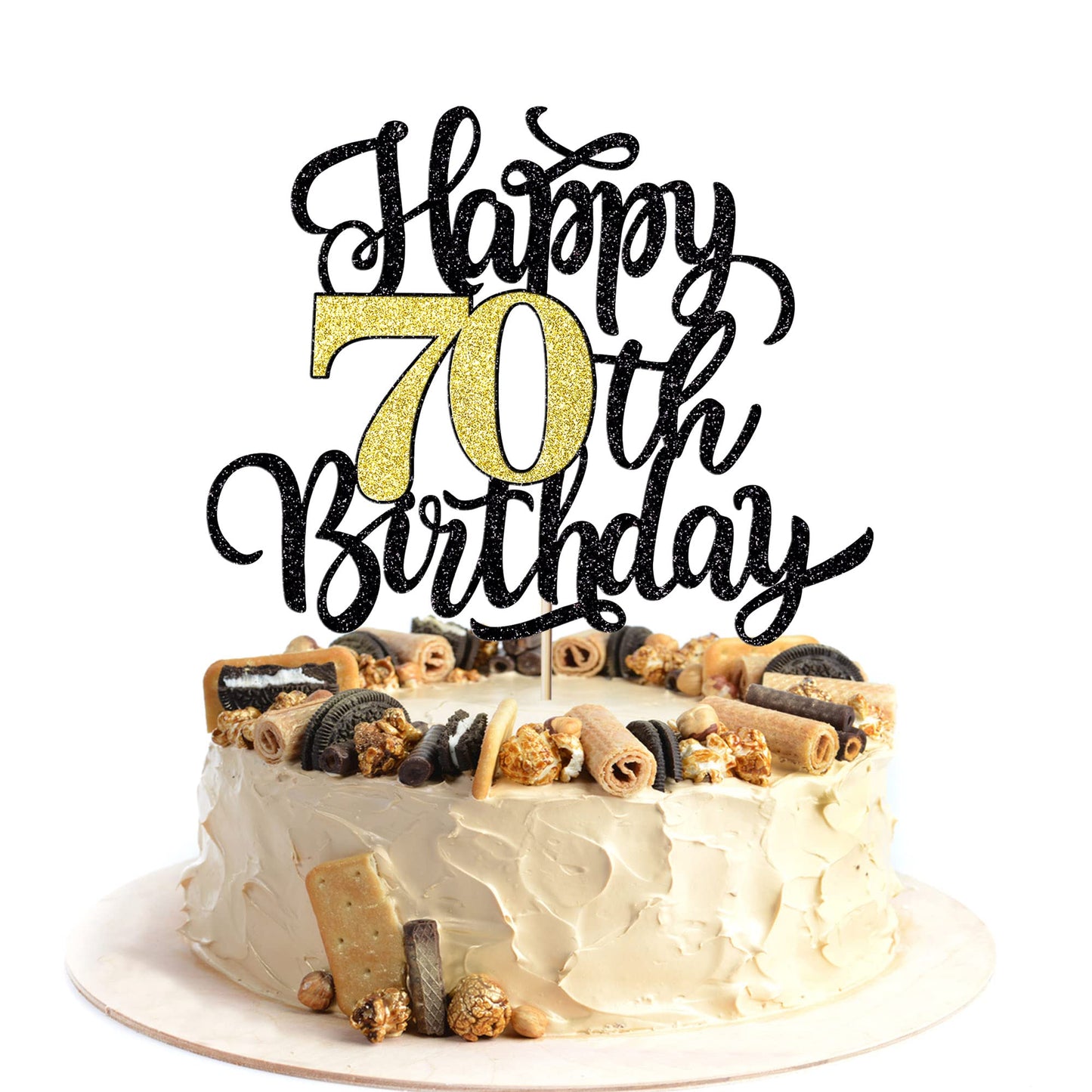 Leetaivie Happy 70Th Birthday Cake Topper, Black Gold Glitter Birthday Cake Topper, 70Th Anniversary/ 70Th Birthday Party Decora