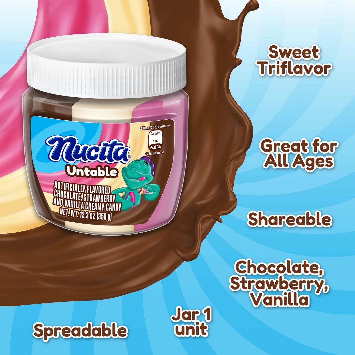 Nucita Trisabor Spreadable, Creamy Candy Chocolate, Vanilla and Strawberry, 10.6 Oz Jar, Pack of 1