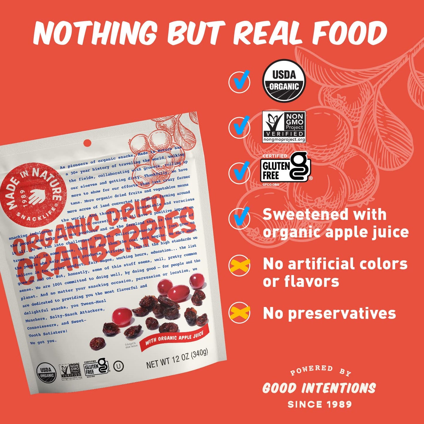 Made In Nature Organic Dried Cranberries, 12 Ounce (Pack Of 1) – Sweetened With Apple Juice, Non-Gmo, Unsulfured, Gluten Free