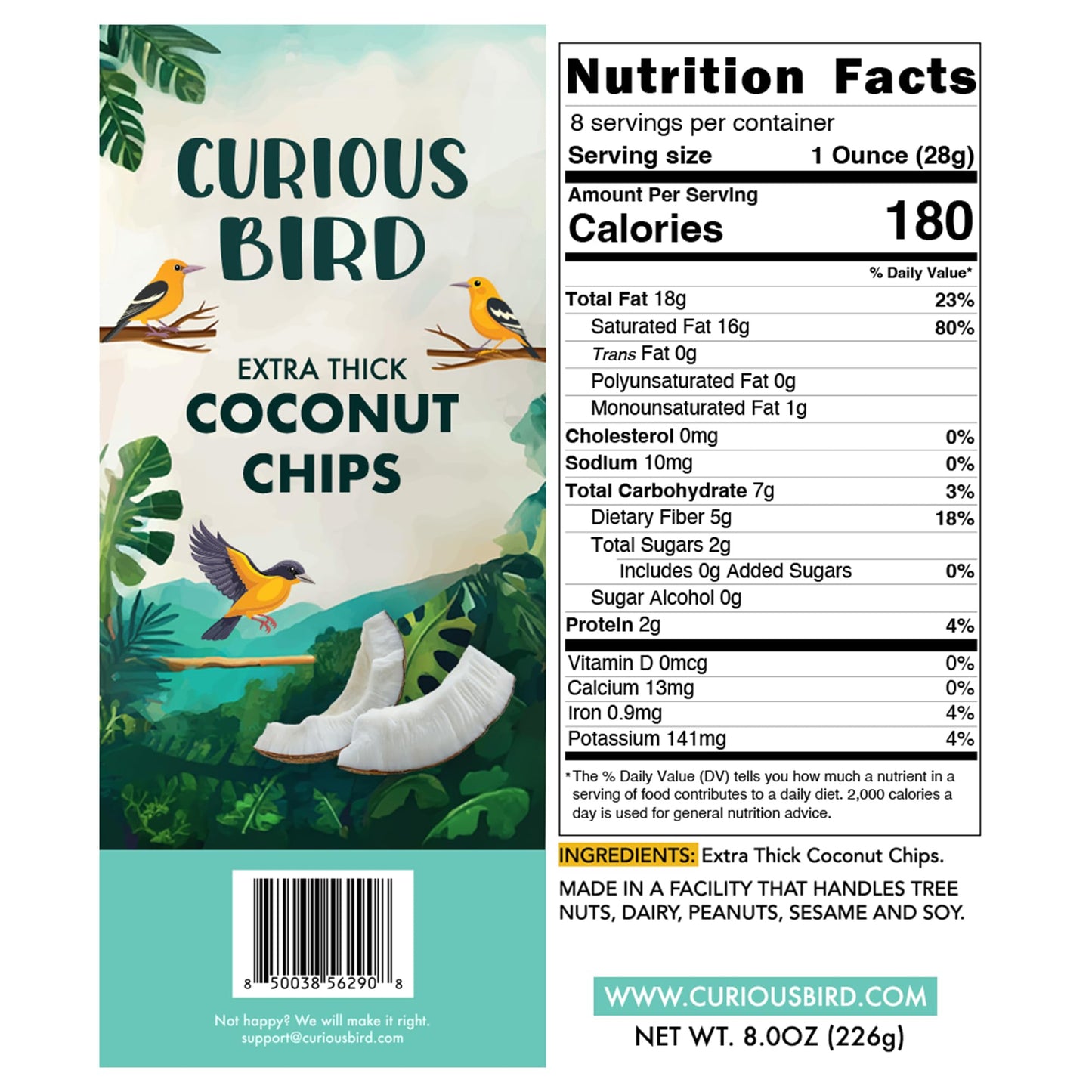 Curious Bird Extra Thick Coconut Chips - Unsweetened - Sulfite Free - 8 Ounces