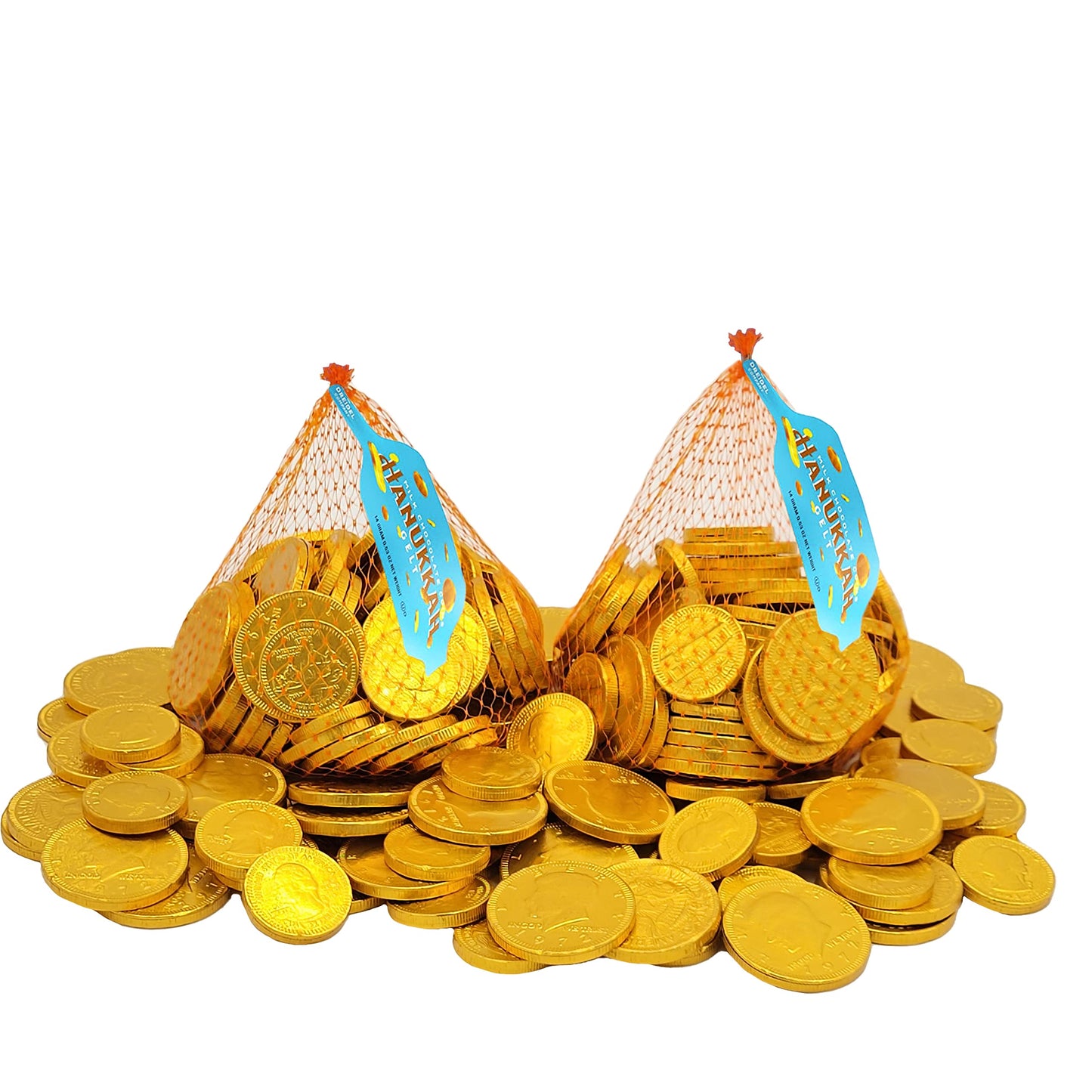 The Dreidel Company 2-Pack Hanukkah Milk Chocolate Coins  Large Mesh Bag Half Dollar Gelt  Made With Top-Grade Nut-Free Belgian Chocolate  Kosher Certified Dairy  Approx. 70 Chocolates Per Bag Total 140 Coins