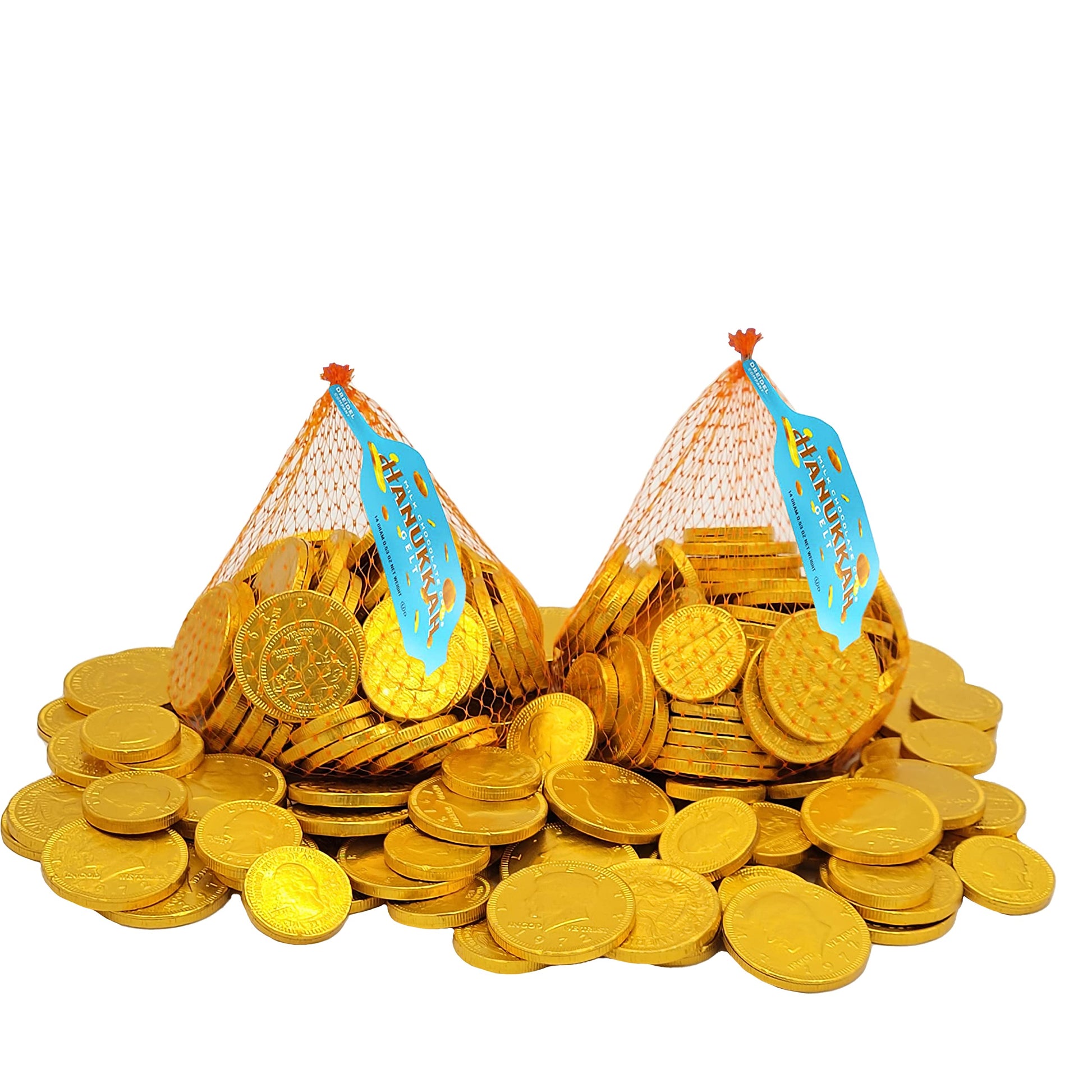 The Dreidel Company 2-Pack Hanukkah Milk Chocolate Coins  Large Mesh Bag Half Dollar Gelt  Made With Top-Grade Nut-Free Belgian Chocolate  Kosher Certified Dairy  Approx. 70 Chocolates Per Bag Total 140 Coins