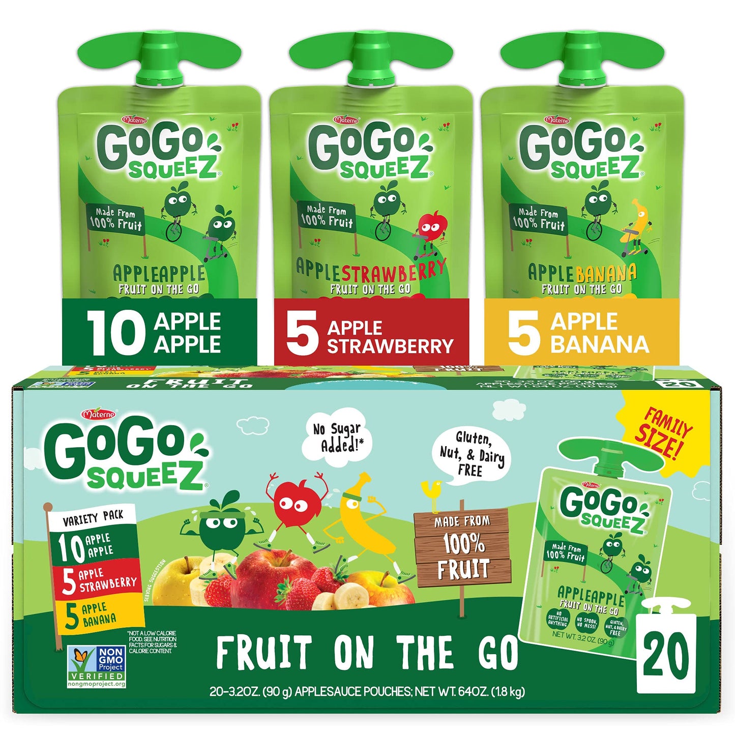 GoGo squeeZ Applesauce Variety Pack, Apple Banana Strawberry, 3.2 oz (Pack of 20), Gluten Free, Nut Free, BPA Free