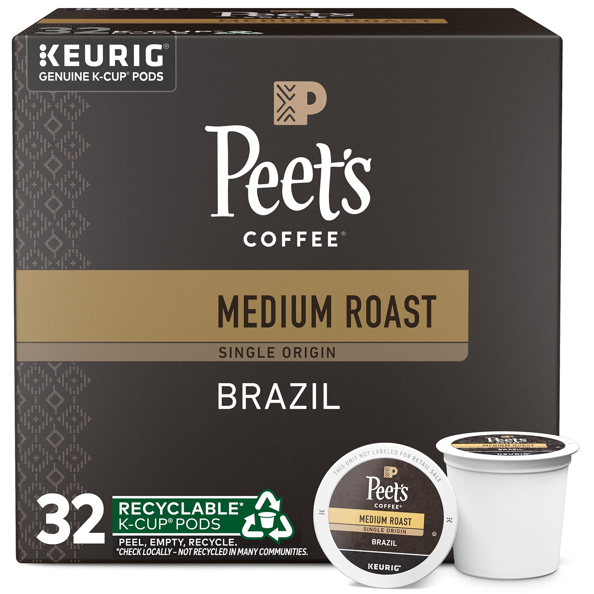 Peets Coffee Medium Roast K-Cup Pods, Single Origin Brazil, 32 Count, Model 512487