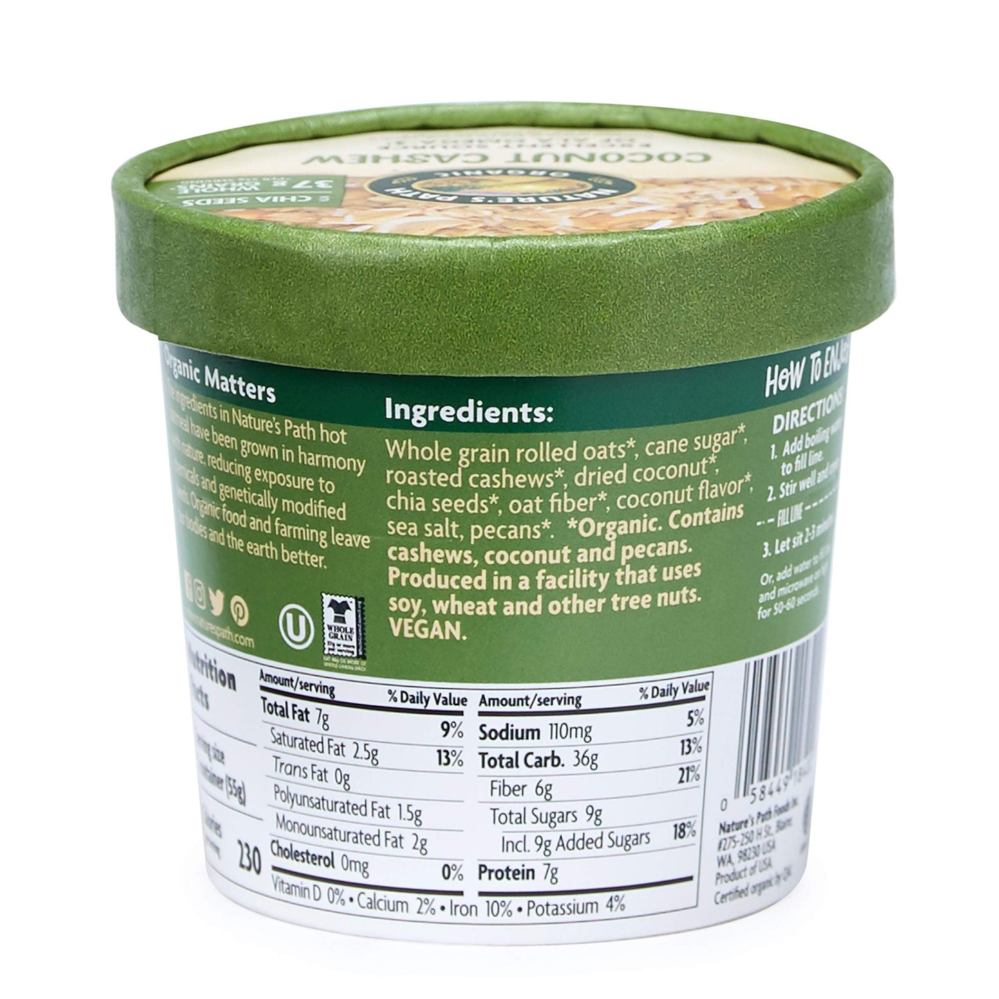 Nature'S Path Organic Toasted Coconut Cashew Instant Oatmeal Cup, Non-Gmo, 7G Plant Based Protein, With Omega-3 Rich Chia Seeds,