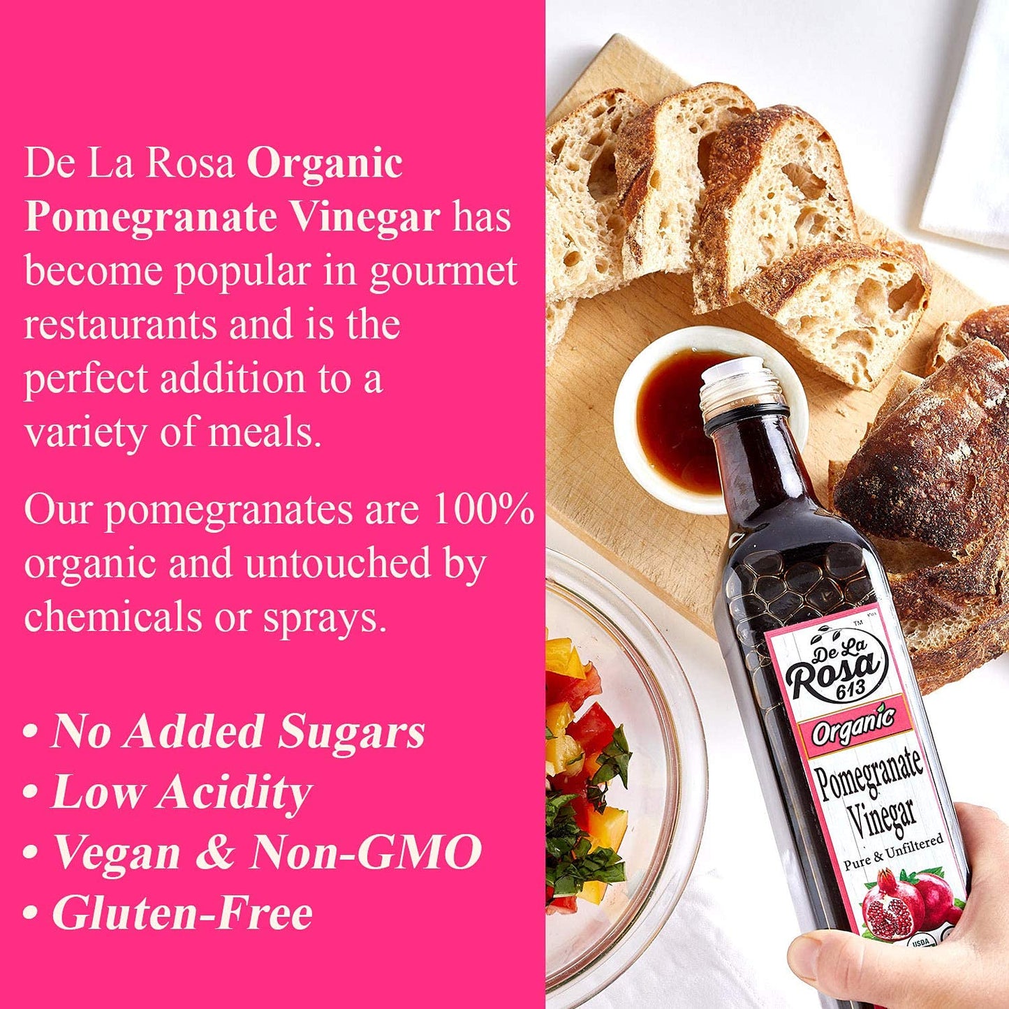 De La Rosa Organic Pomegranate Vinegar, Pure & Unfiltered, Vegan, Gluten Free & Kosher, Great For Salad Dressing, Marinades, 100% Pure Pomegranate Vinegar 16.9 Oz (Pack Of 1)