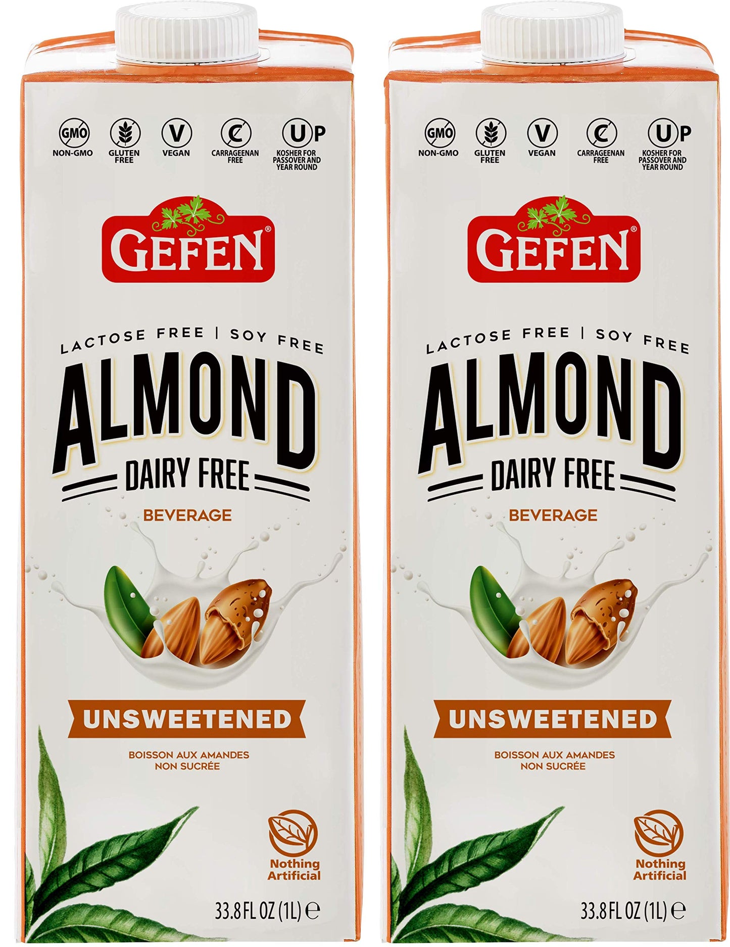 Gefen Unsweetened Almond Milk 33.8Oz (2 Pack)  Just 3 Ingredients  No Binders Or Preservatives  Gluten Free  Vegan  Dairy Free  Soy Free  Non Gmo  Kosher For Passover