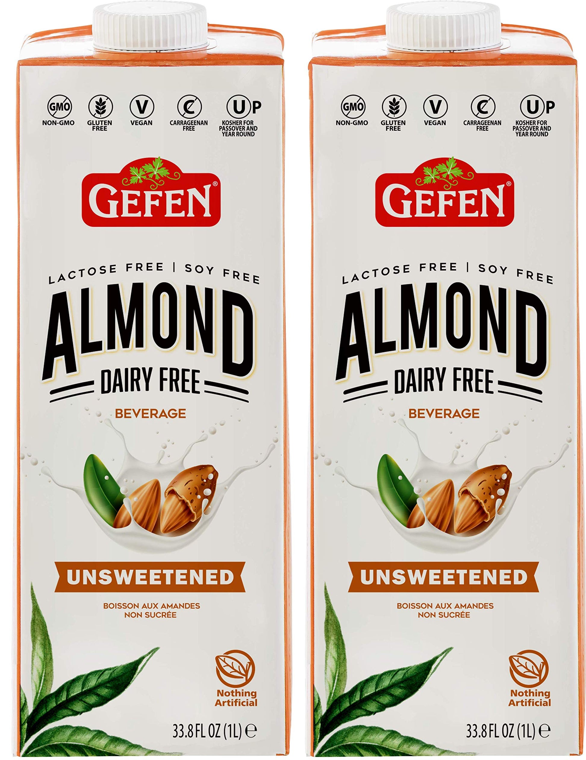 Gefen Unsweetened Almond Milk 33.8Oz (2 Pack)  Just 3 Ingredients  No Binders Or Preservatives  Gluten Free  Vegan  Dairy Free  Soy Free  Non Gmo  Kosher For Passover