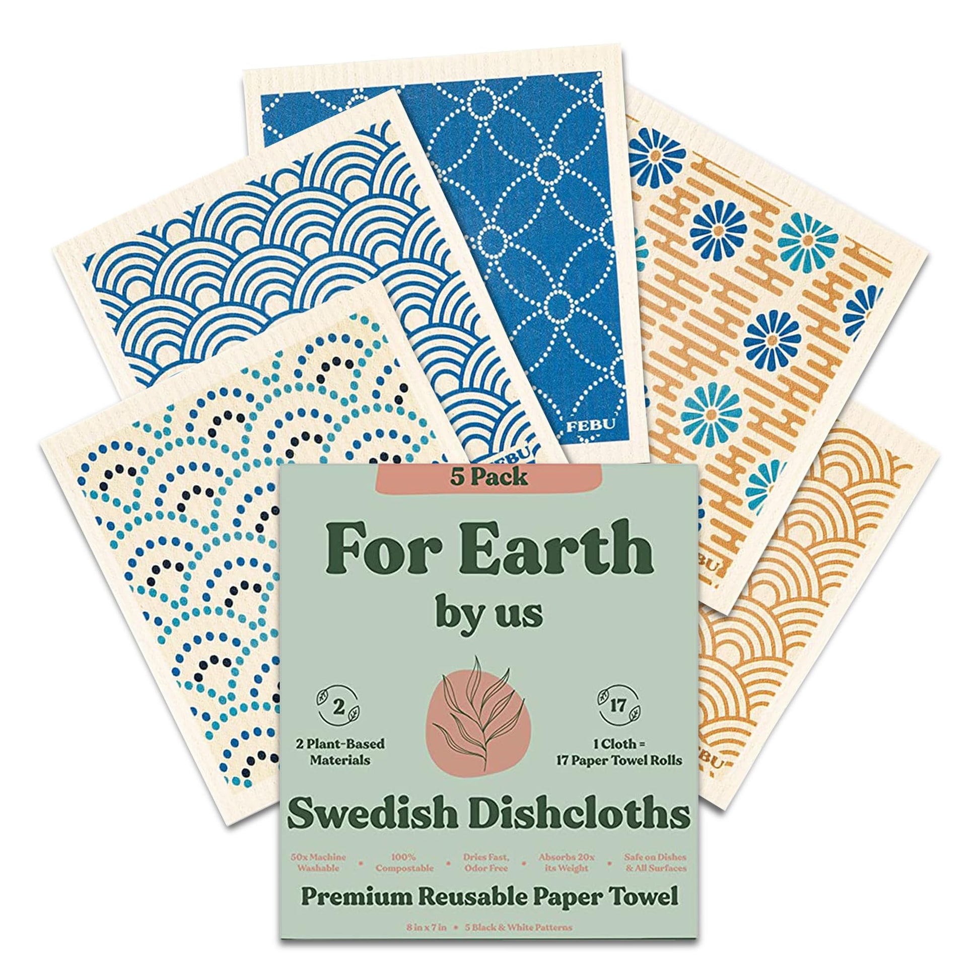 Febu Swedish Dishcloths For Kitchen  5 Pack Japanese Pattern Dish Towels  Reusable Paper Towels Washable  Non-Scratch Cellulose 