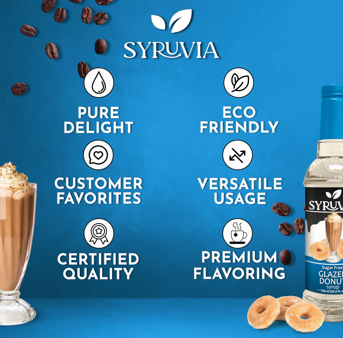 SYRUVIA Sugar-Free Glazed Donut Coffee Syrup, 25.4 Fl Oz - 0 Calories, Kosher, Gluten-Free Flavoring for Drinks, Desserts & More