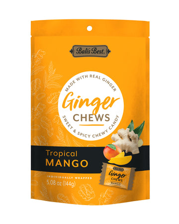Bali's Best Ginger Chews, Tropical Mango Flavor, 5.08 Oz, Individually Wrapped Soft Candy, Made with 100% Real Ginger, Digestive