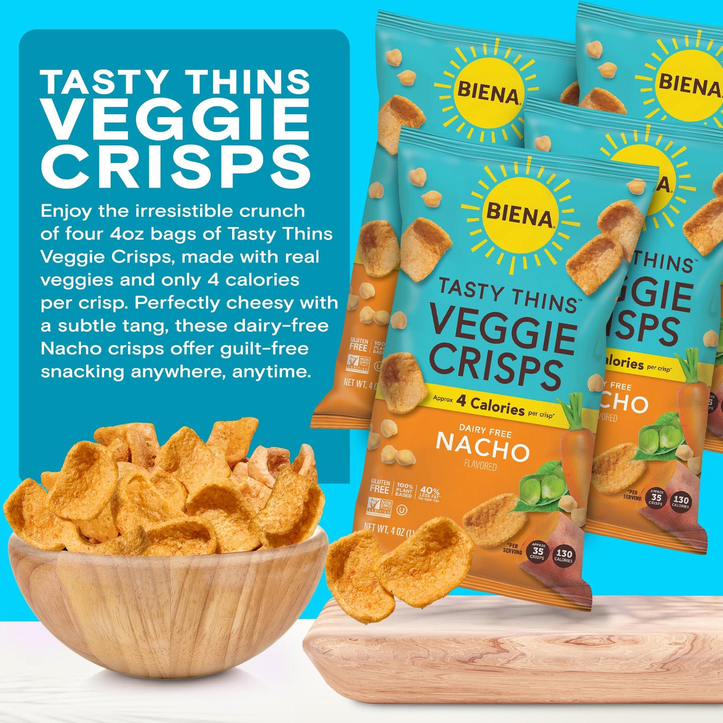 Biena Tasty Thins Veggie Crisps - Low Calorie Veggie Chips For Adults And Kids - 4-Pack, 4 Ounce Bags - Nacho