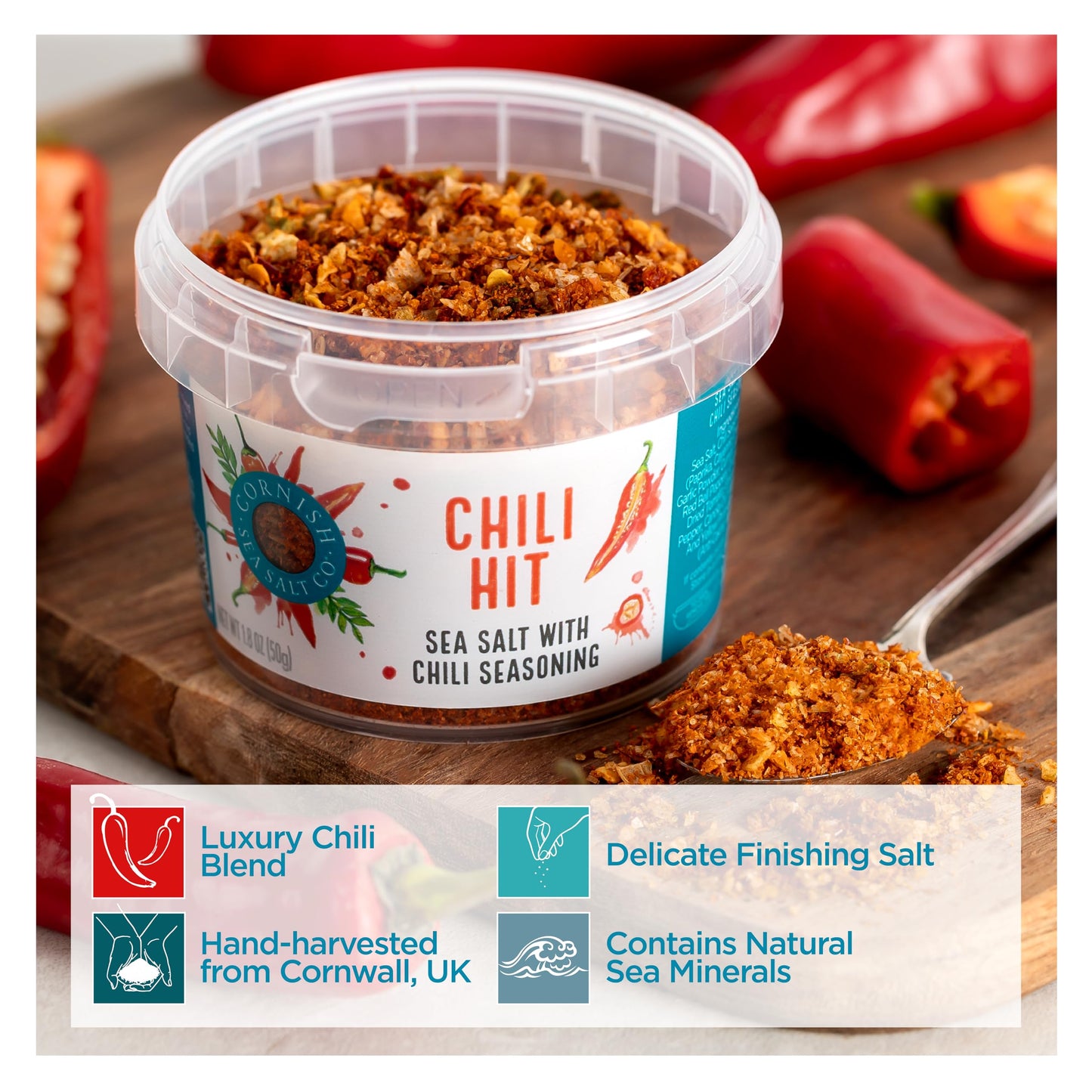 Cornish Sea Salt Chili Hit Seasoning - Hand-Harvested, 1.8 oz Resealable Tub, Pack of 2