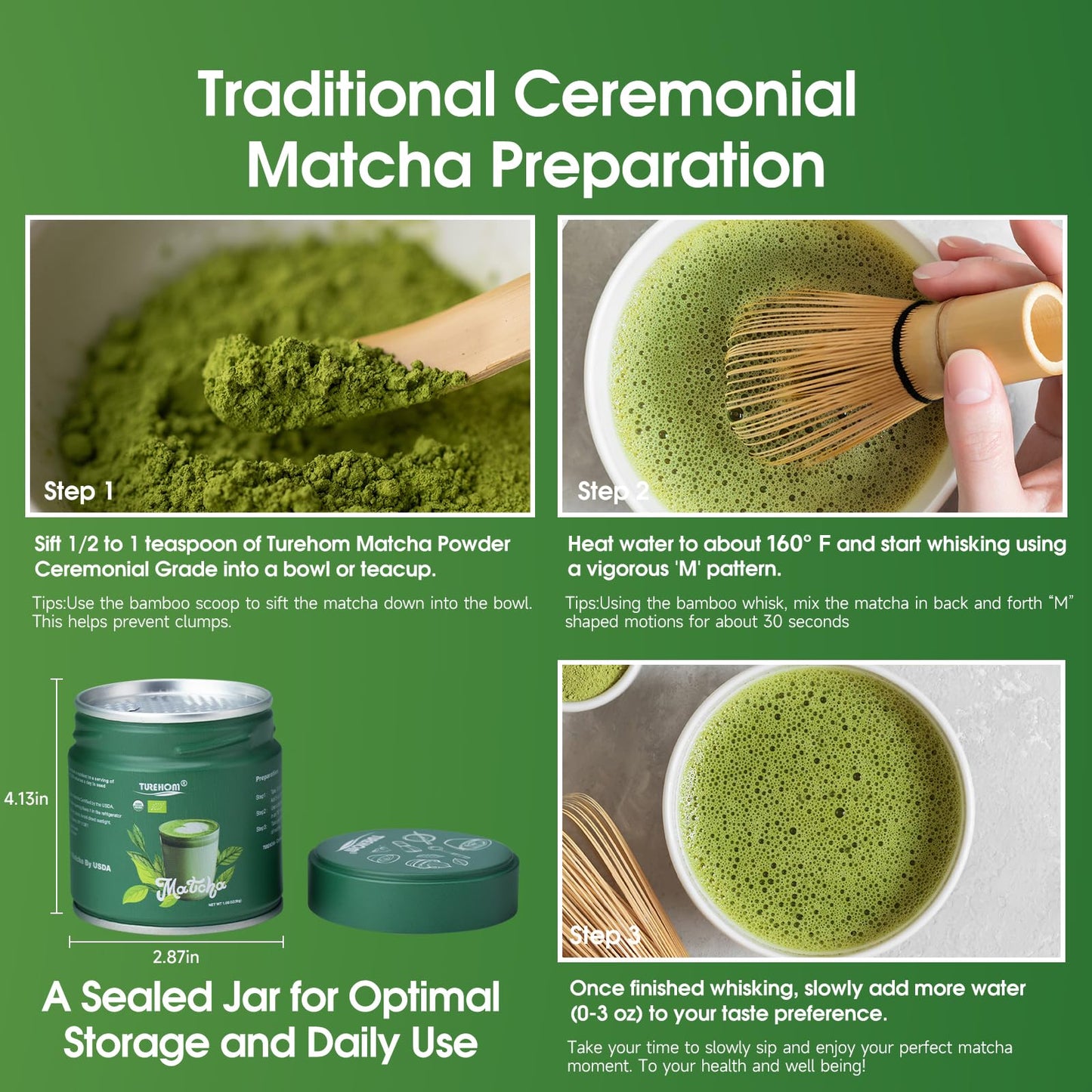 TureHom Ceremonial Grade Matcha Green Tea Powder – USDA Organic – 3.53oz Tin – Vegan – No Additives