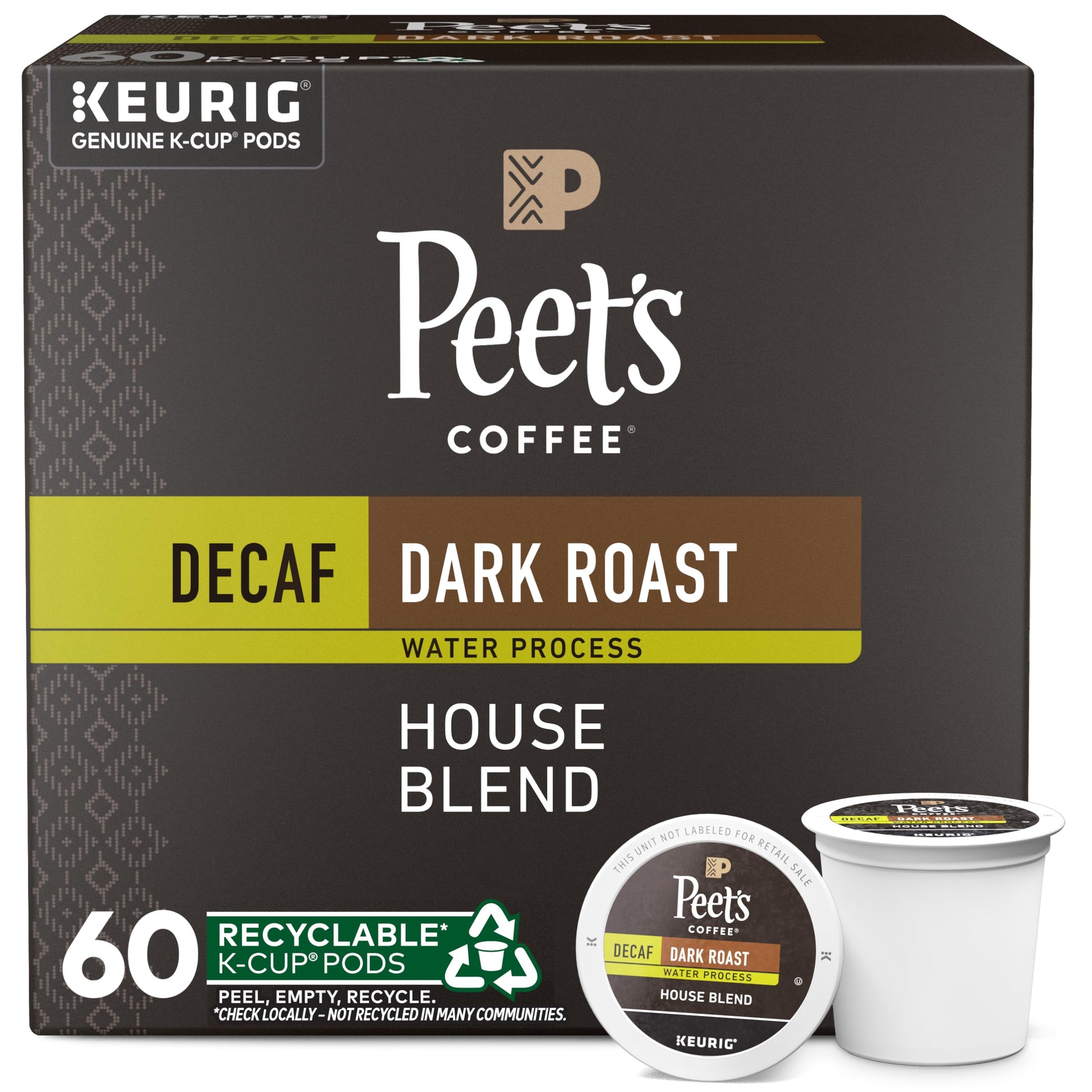 Peets Coffee Dark Roast Decaf K-Cup Pods - 60 Count (6 Boxes of 10) - Decaf House Blend - Model 515044