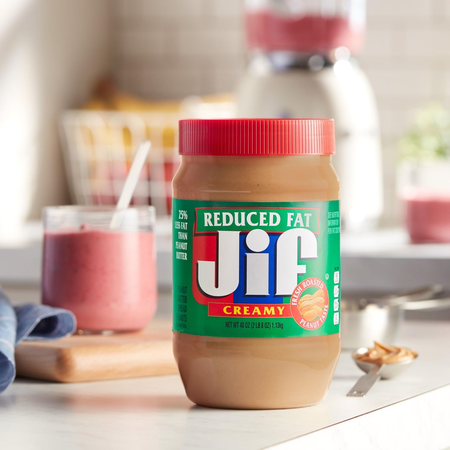 Jif Reduced Fat Creamy Peanut Butter Spread, 40 Ounces, 60% Peanuts