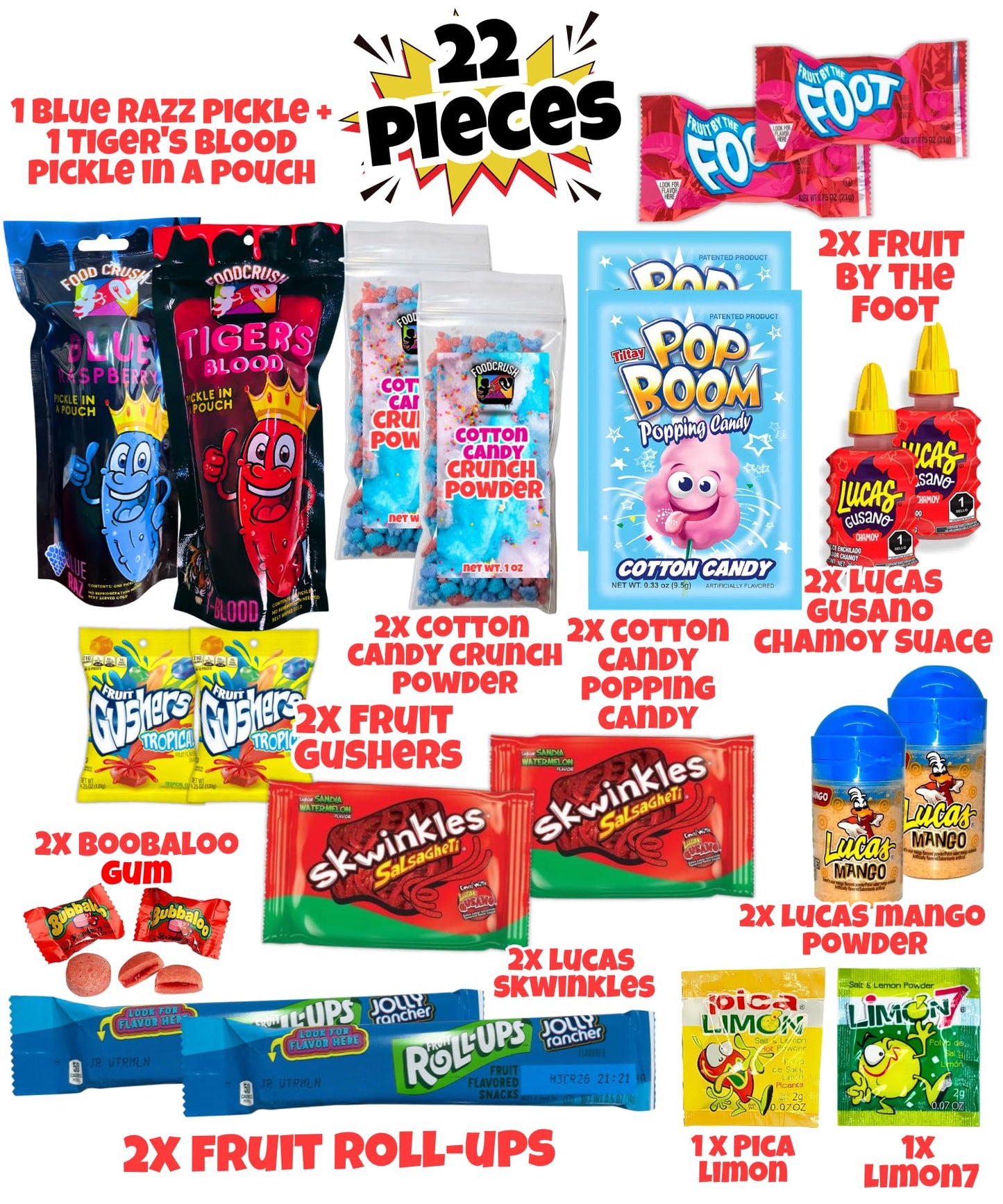 Blue Raspberry + Tigers Blood Pickle Kit -Gift Pouch By Ashley Dashley From Tiktok-1 Blue Raz + 1 Tiger Blood Pickles W/Skwinkles, Fruit Roll Ups-By Food Crush