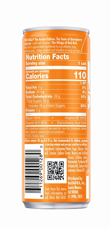 Red Bull Energy Drink Amber Edition, Strawberry Apricot, 80mg Caffeine, 8.4 Fl Oz, 24 Pack (6x4)