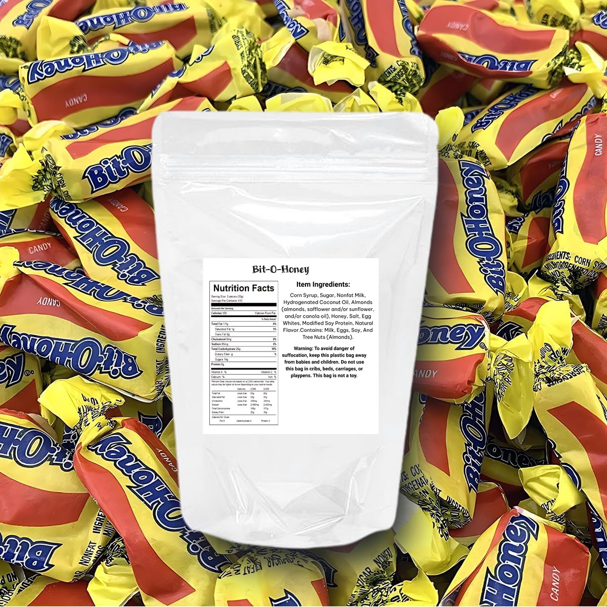 Bit-O-Honey Individually Wrapped Chewy Candy - 1 Pound Bag - Honey Flavored Taffy With Almond Bits (Approx. 67 Pieces)