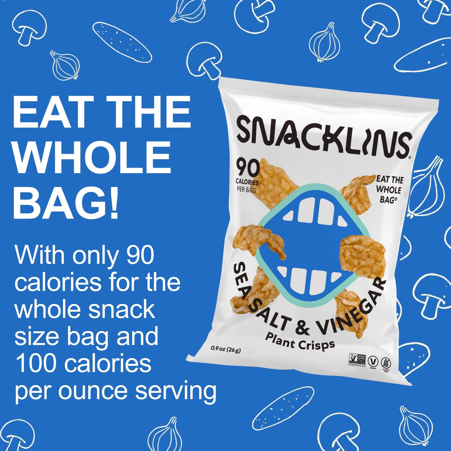 SNACKLINS Plant Based Crisps, Sea Salt & Vinegar, Vegan, Gluten-Free, Low-Calorie, 0.9oz (Pack of 12)