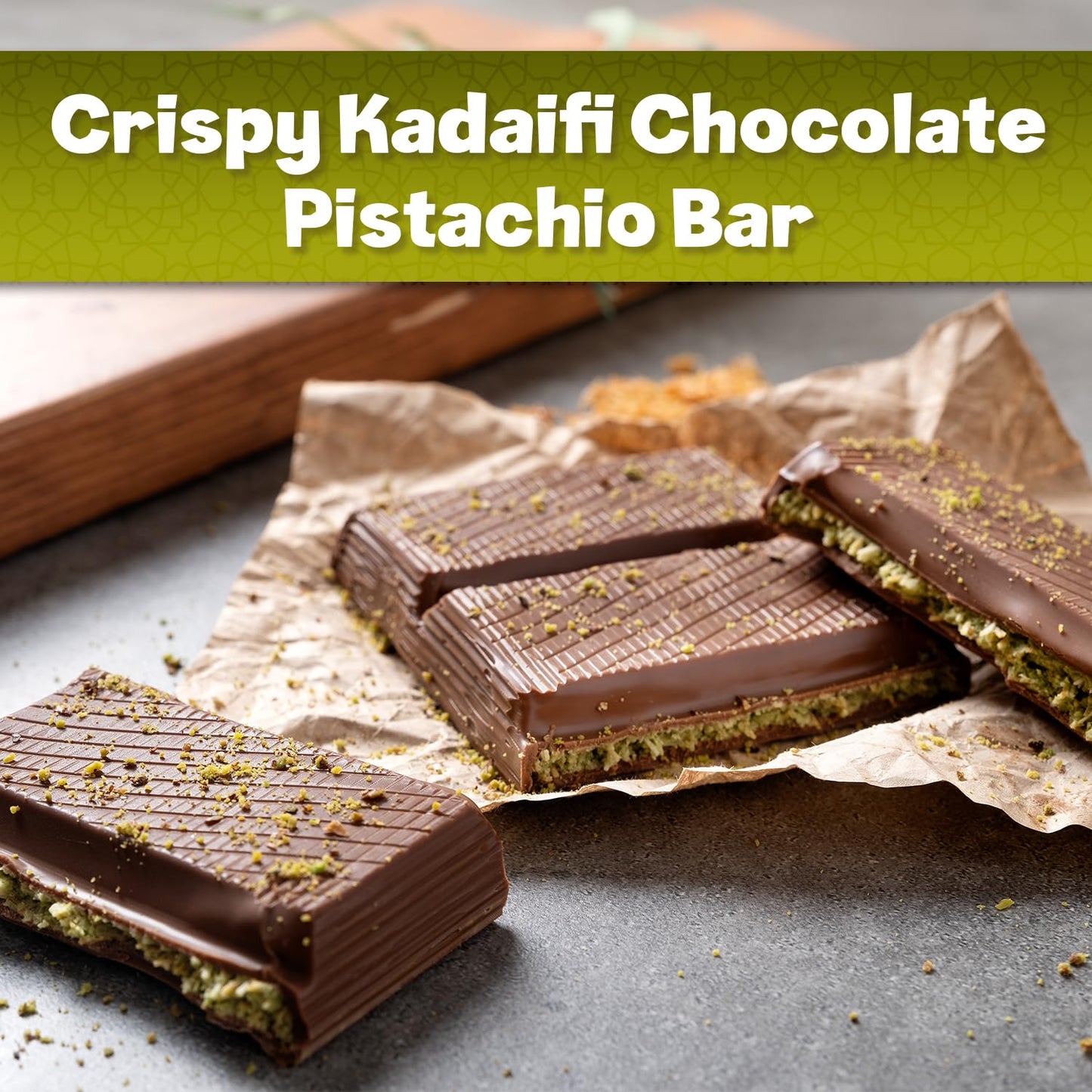 Dubai Chocolate Kunafa Pistachio Bar - 7oz | Handmade Luxury Dessert with Crunchy Kataifi & Creamy Pistachio Filling  Gift for Any Special Occasion