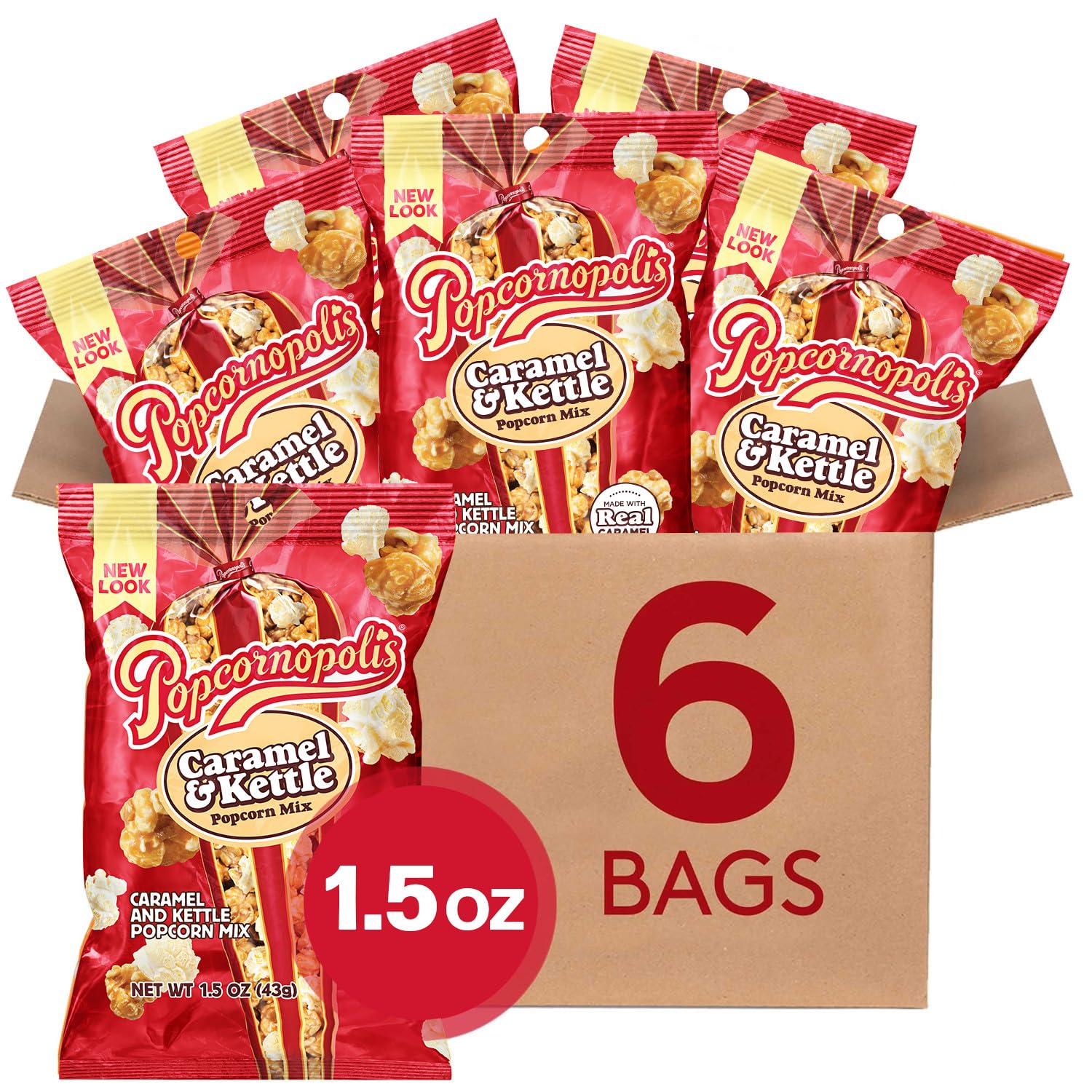 Popcornopolis Caramel & Kettle Mix 6 ct, 1.5 oz Case, Caramel & Kettle Mix Flavored Indulgent Popcorn