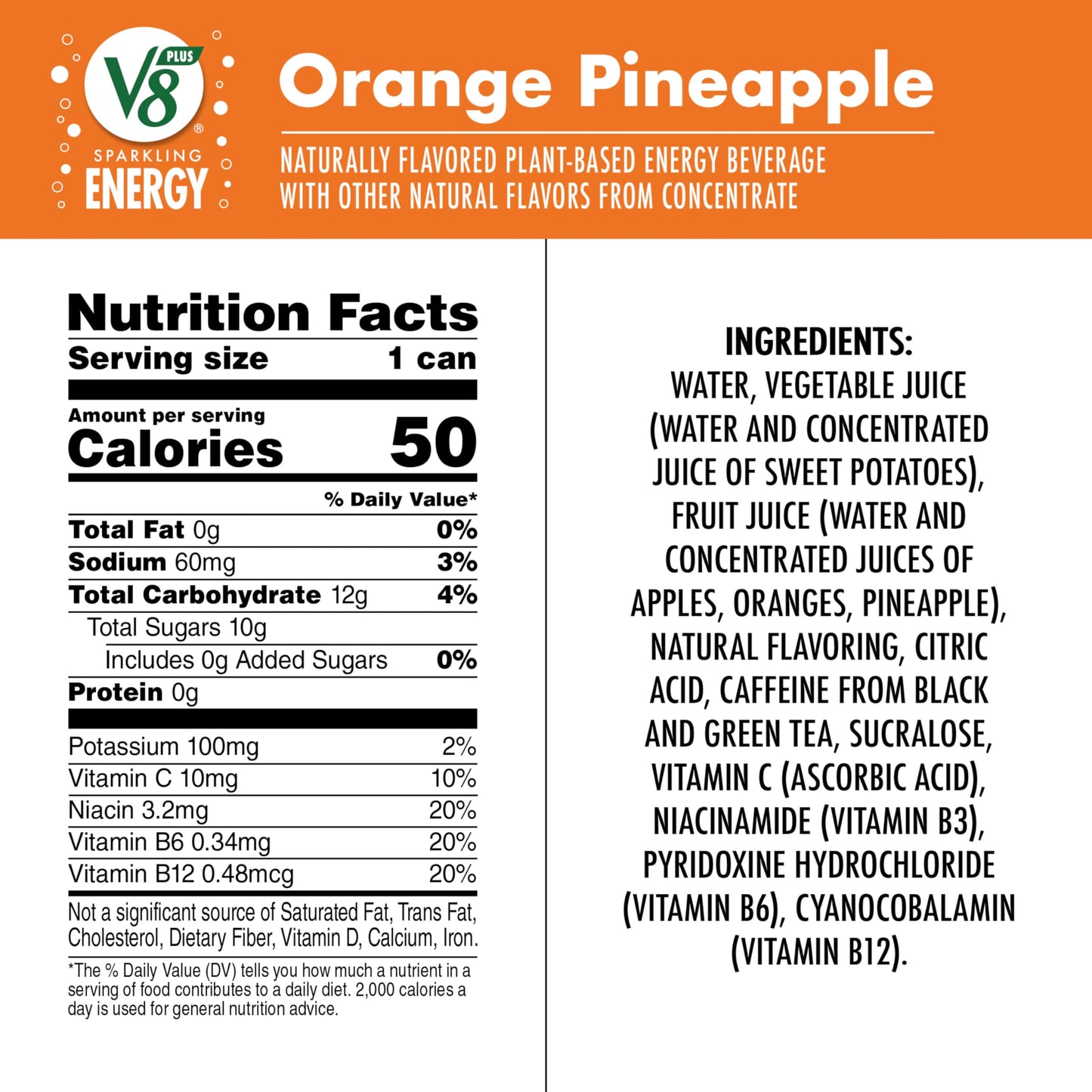 V8 Energy Drink, Sparkling Orange Pineapple, Pack of 12 (11.5 fl oz)