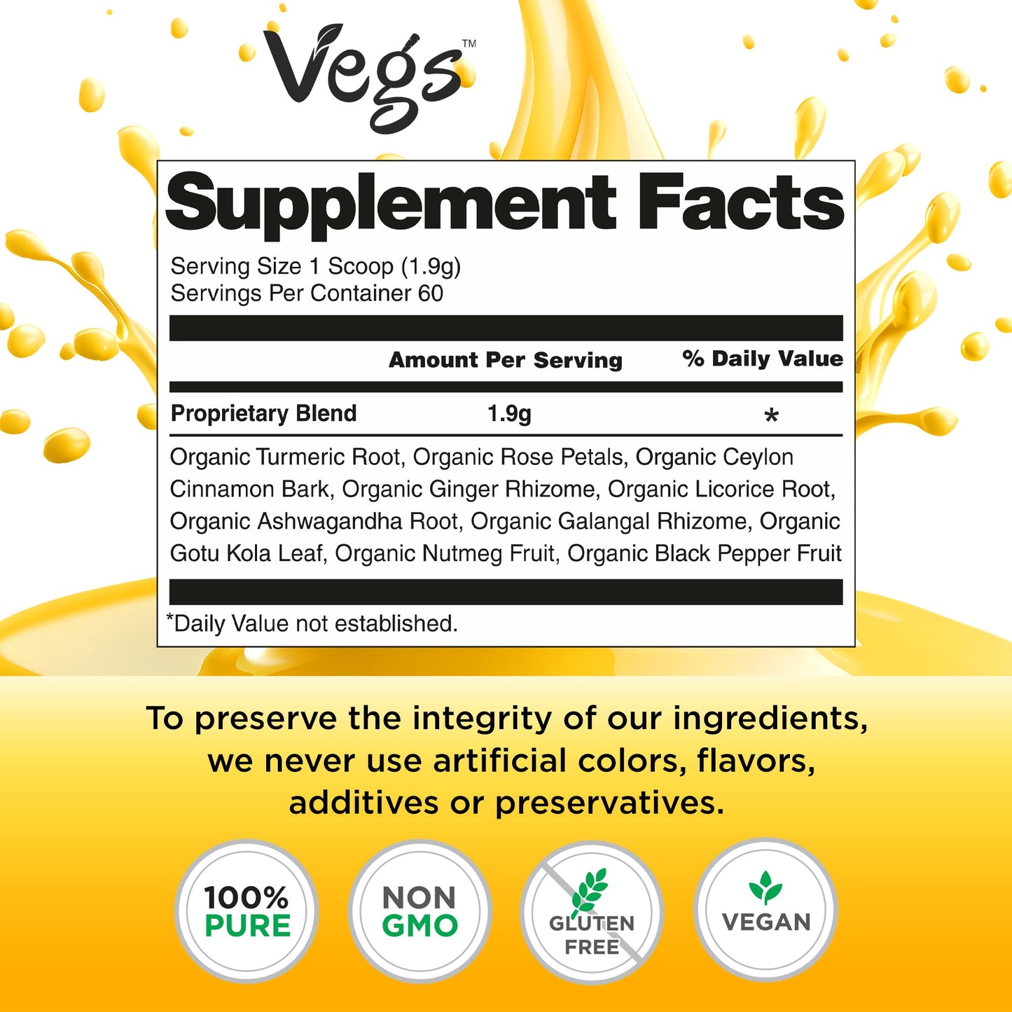 Vegs Turmeric Golden Milk Powder - Organic Ayurvedic Spice Mix with Turmeric, Ginger, Ashwagandha - 4 oz - Vegan, Sugar-Free, Non-GMO