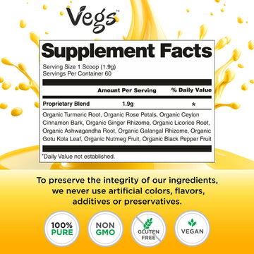Vegs Turmeric Golden Milk Powder - Organic Ayurvedic Spice Mix with Turmeric, Ginger, Ashwagandha - 4 oz - Vegan, Sugar-Free, Non-GMO