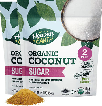 Heaven & Earth Organic Coconut Sugar, 16oz (2 Pack) | Low Glycemic | Unrefined Sugar Alternative | Natural Sweetener | Coconut P