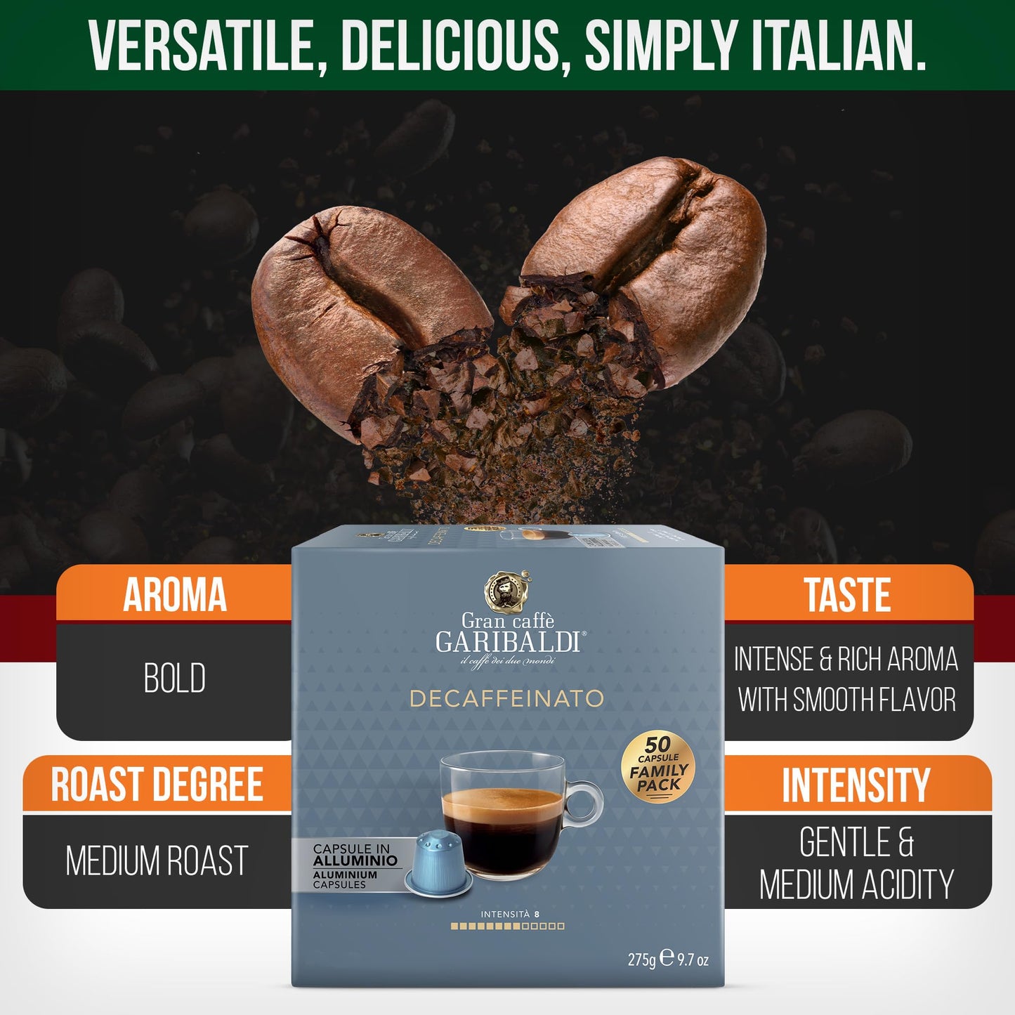 Caffè Garibaldi Decaffeinated Espresso Pods, Italian Roast, Aluminum compact pieces, 50 Count