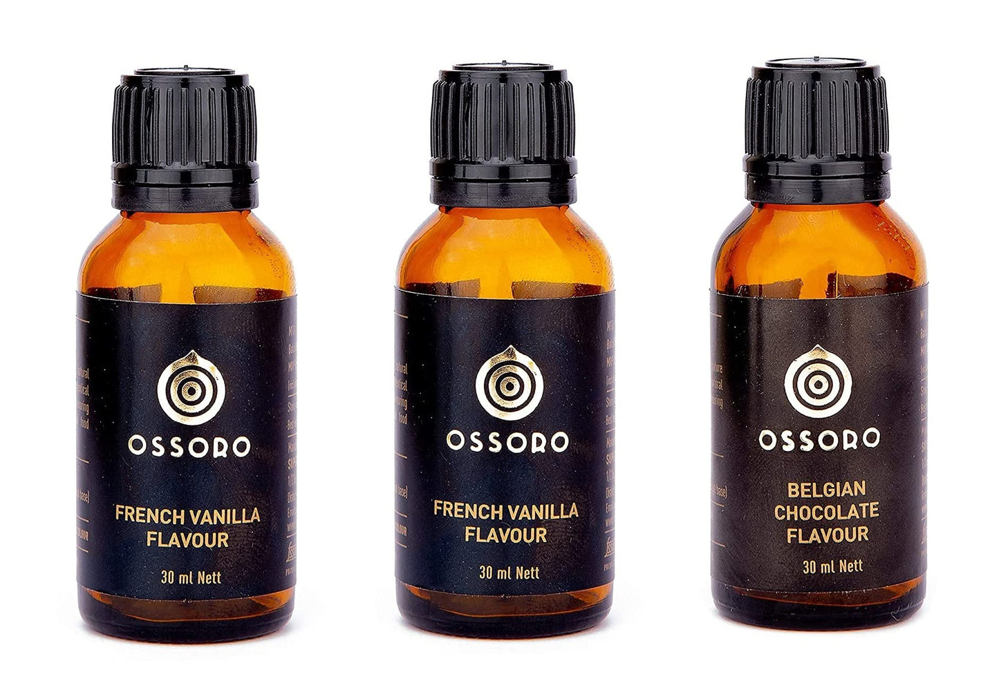 Ossoro French Vanilla, Belgian Chocolate And Butterscotch Flavour Combo (Pack Of 3) 30Ml Each/ Glass Bottle, No Preservatives