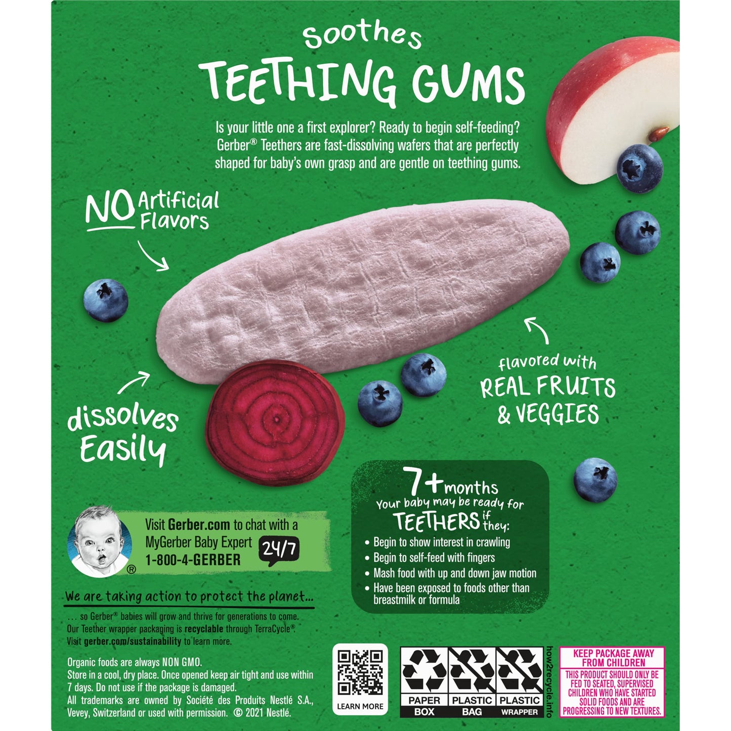 Gerber Organic For Baby Teethers, Blueberry Apple Beet, Gentle Teething Wafers, Non-Gmo Ingredients, 12 Individually Wrapped 2-P