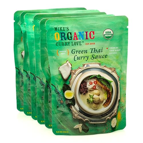 Mikes Organic Curry Love Premium Green Thai Curry Sauce Organic. Vegan. Dairy Free. Made In Thailand.  Case Of 6 X 8.8 Oz Pouche
