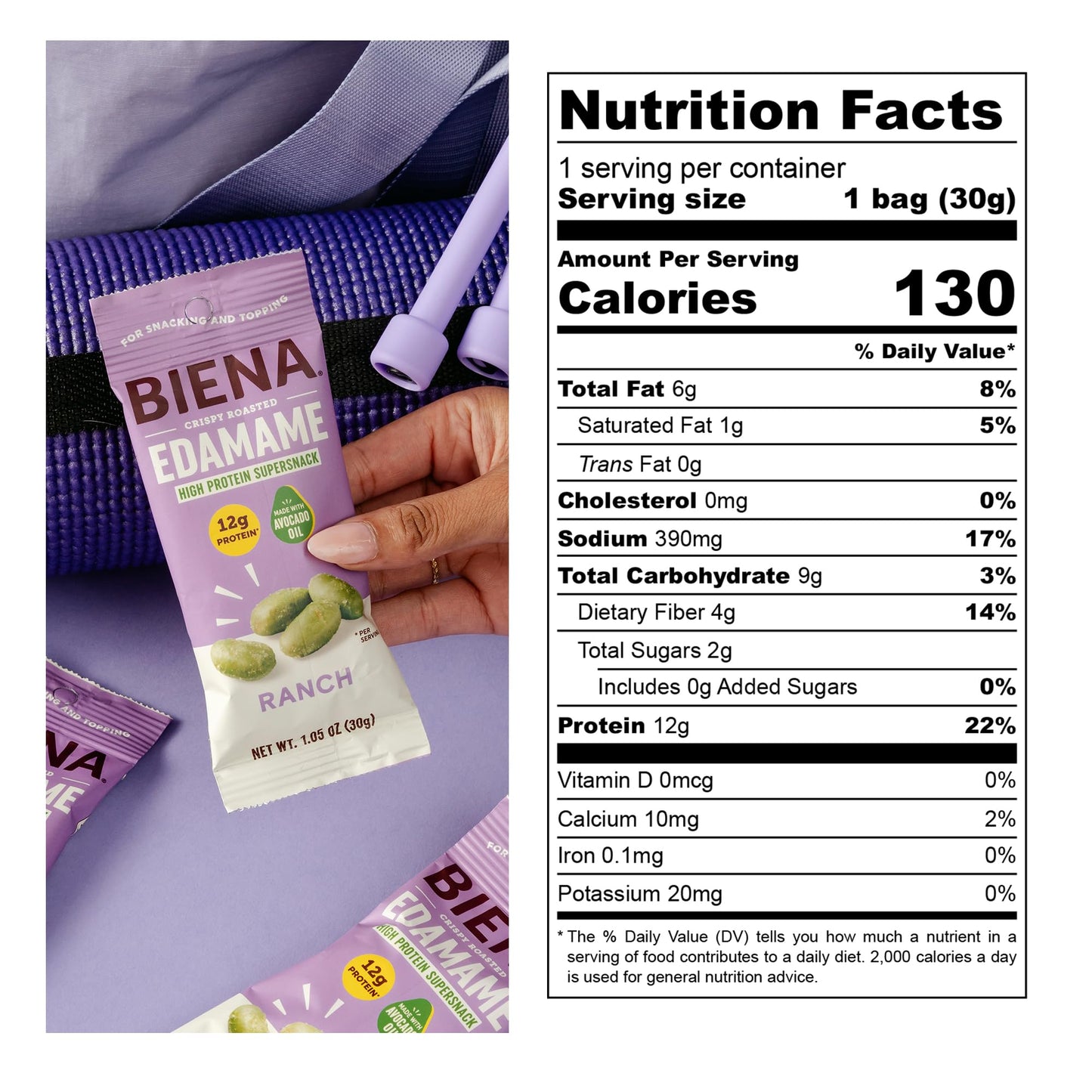 Biena Crispy Roasted Edamame Beans Snack - High Protein Low Carb Snack for mature-themeds & Kids  12g Protein per Serving - Made w/Avocado Oil - Vegan  Gluten-Free - 10-Pack  1.05oz Bags  Ranch