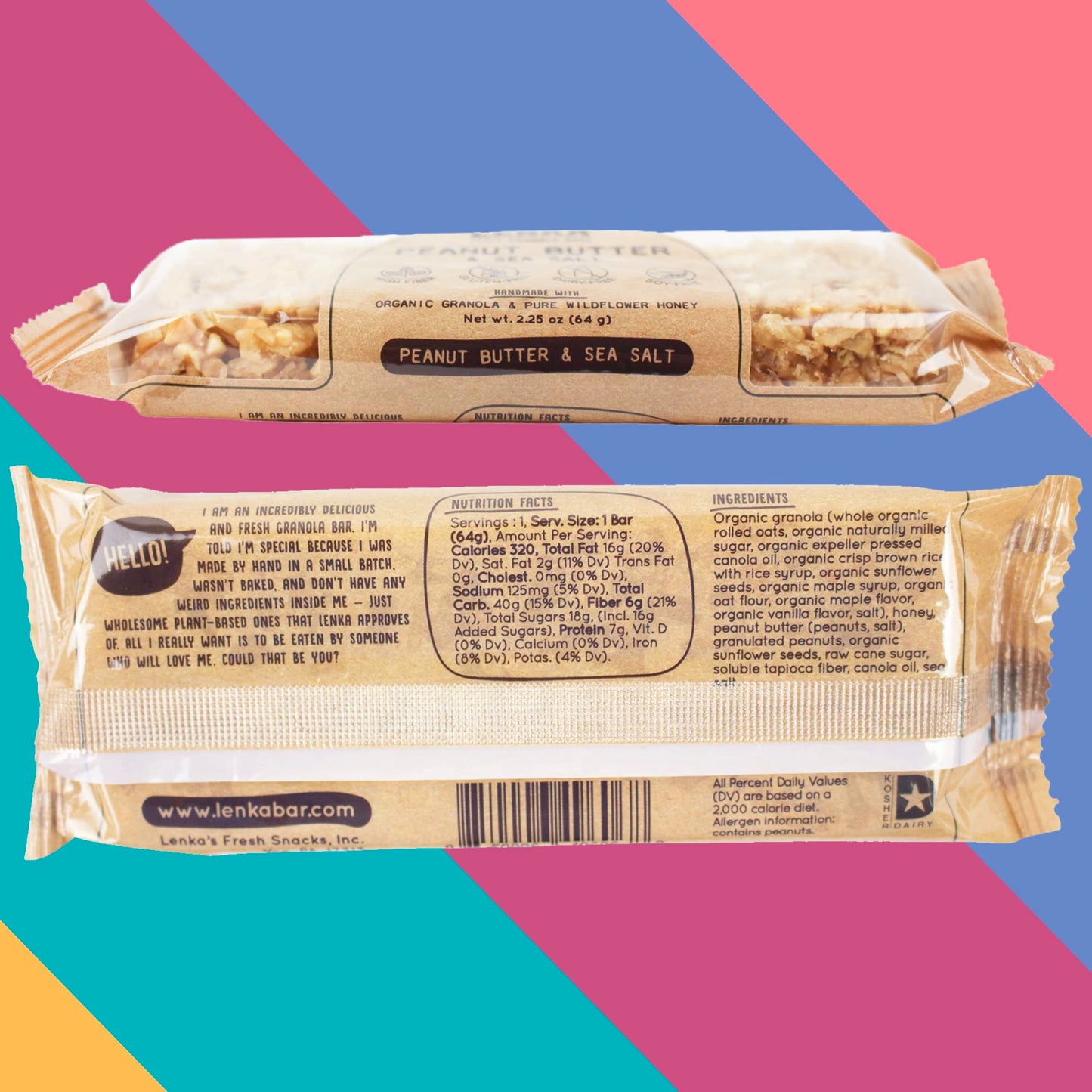 Lenka Handmade Craft Granola Bars - Peanut Butter With Sea Salt Gluten Free High Fiber - Sweet & Salty Chewy Organic Granola Bar