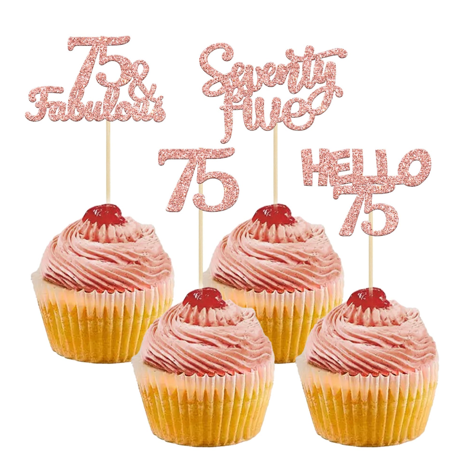 Gyufise 24Pcs Rose Gold Glitter 75 Cupcake Toppers 75Th Birthday Cupcake Toppers Hello 75 Seventy Five 75 Cake Toppers 75 Fabulo
