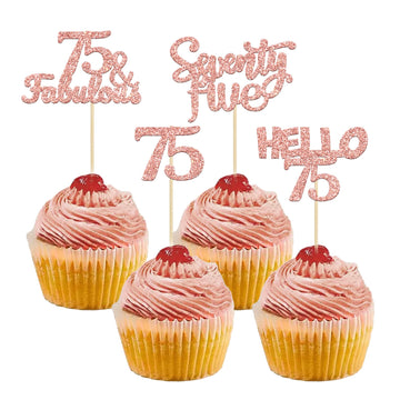 Gyufise 24Pcs Rose Gold Glitter 75 Cupcake Toppers 75Th Birthday Cupcake Toppers Hello 75 Seventy Five 75 Cake Toppers 75 Fabulo